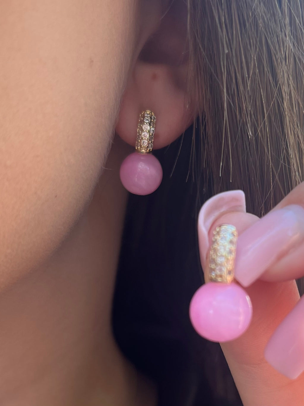 Natural pink Jade Gold Zirconia Earrings