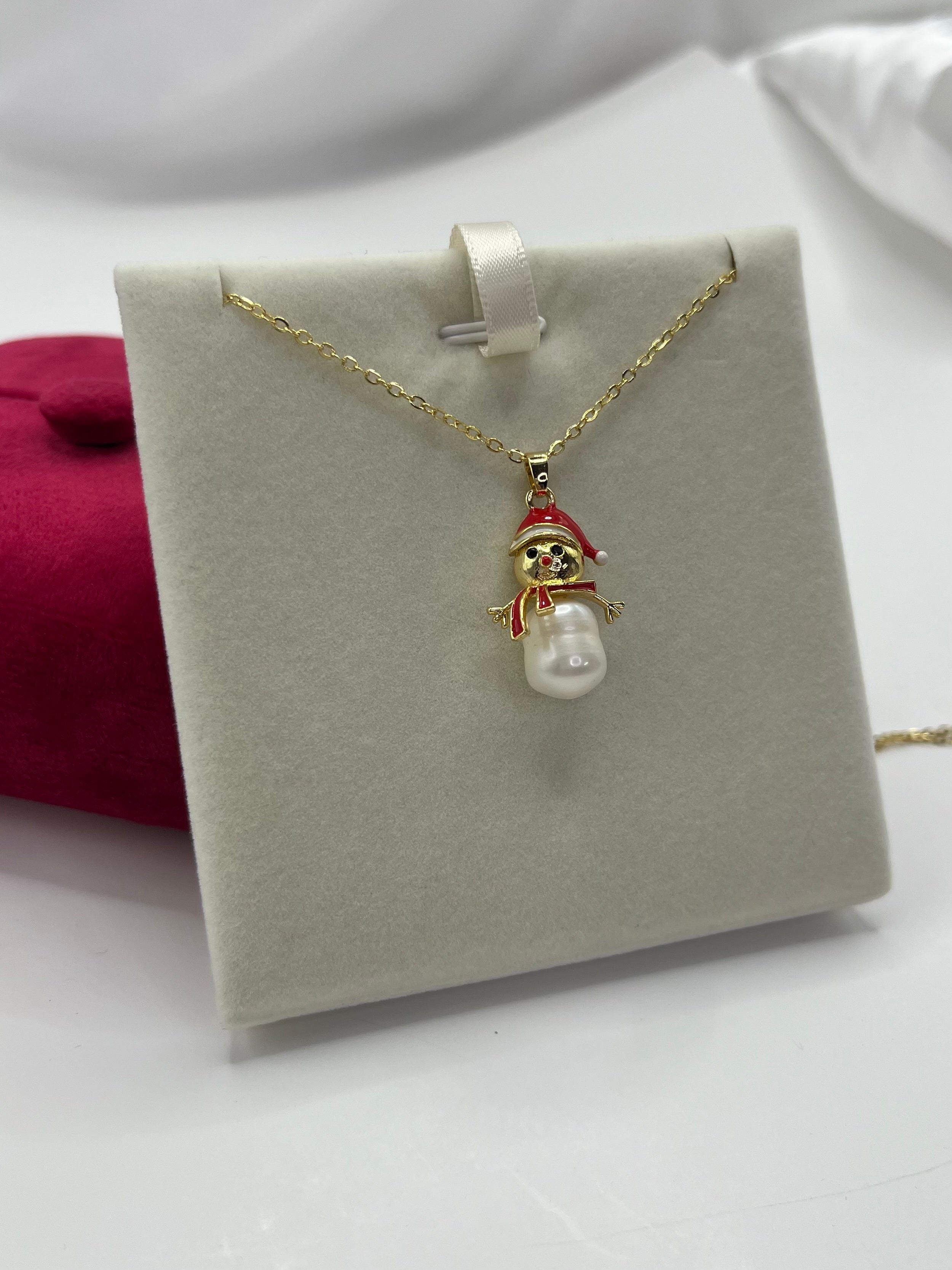 Natural freshwater Pearl Snowman Necklace: 18K Gold Plated Christmas Pendant
, including velvet box