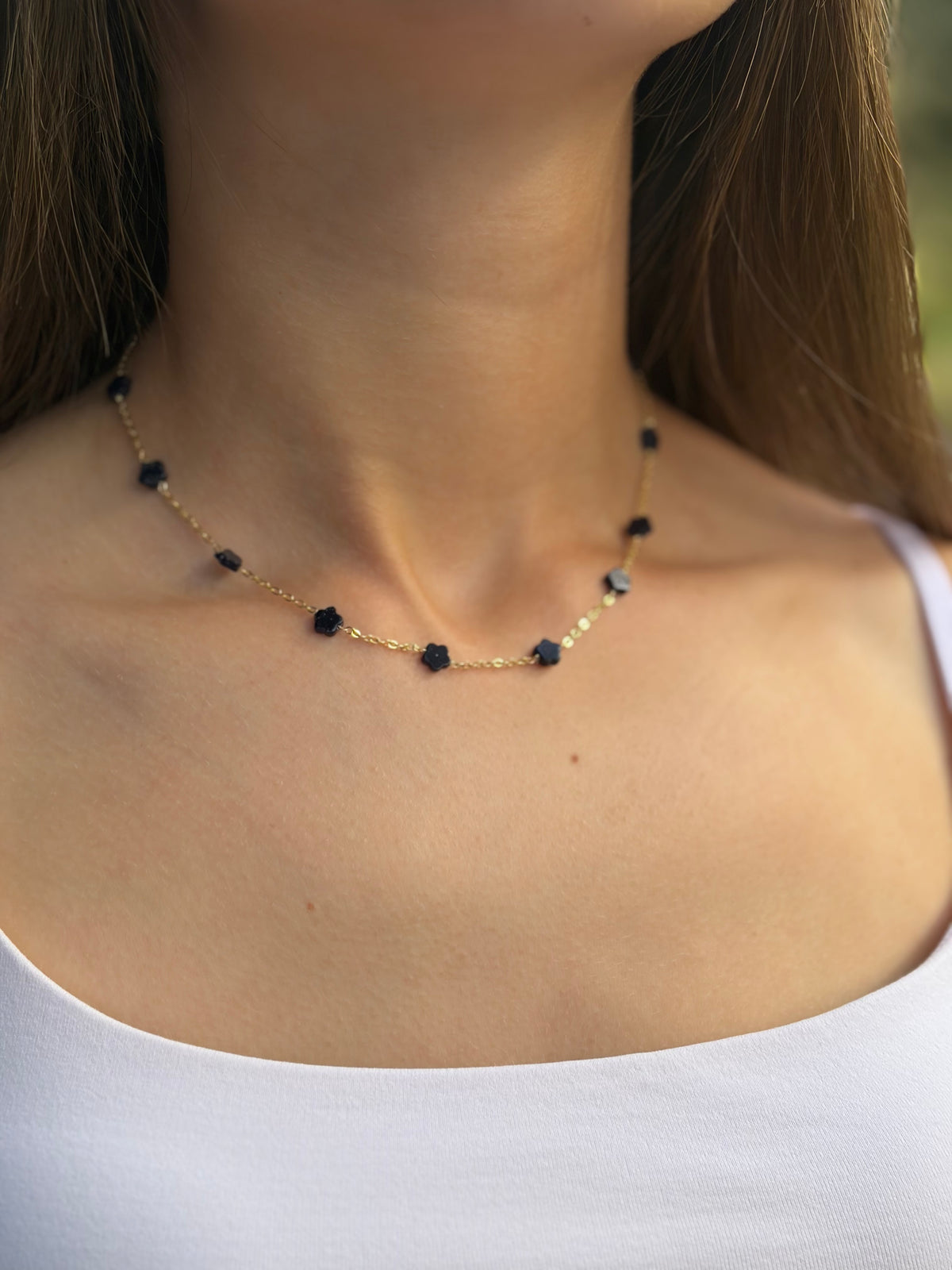 Black Blue Goldstone Flower Necklace: 18K Gold Plated