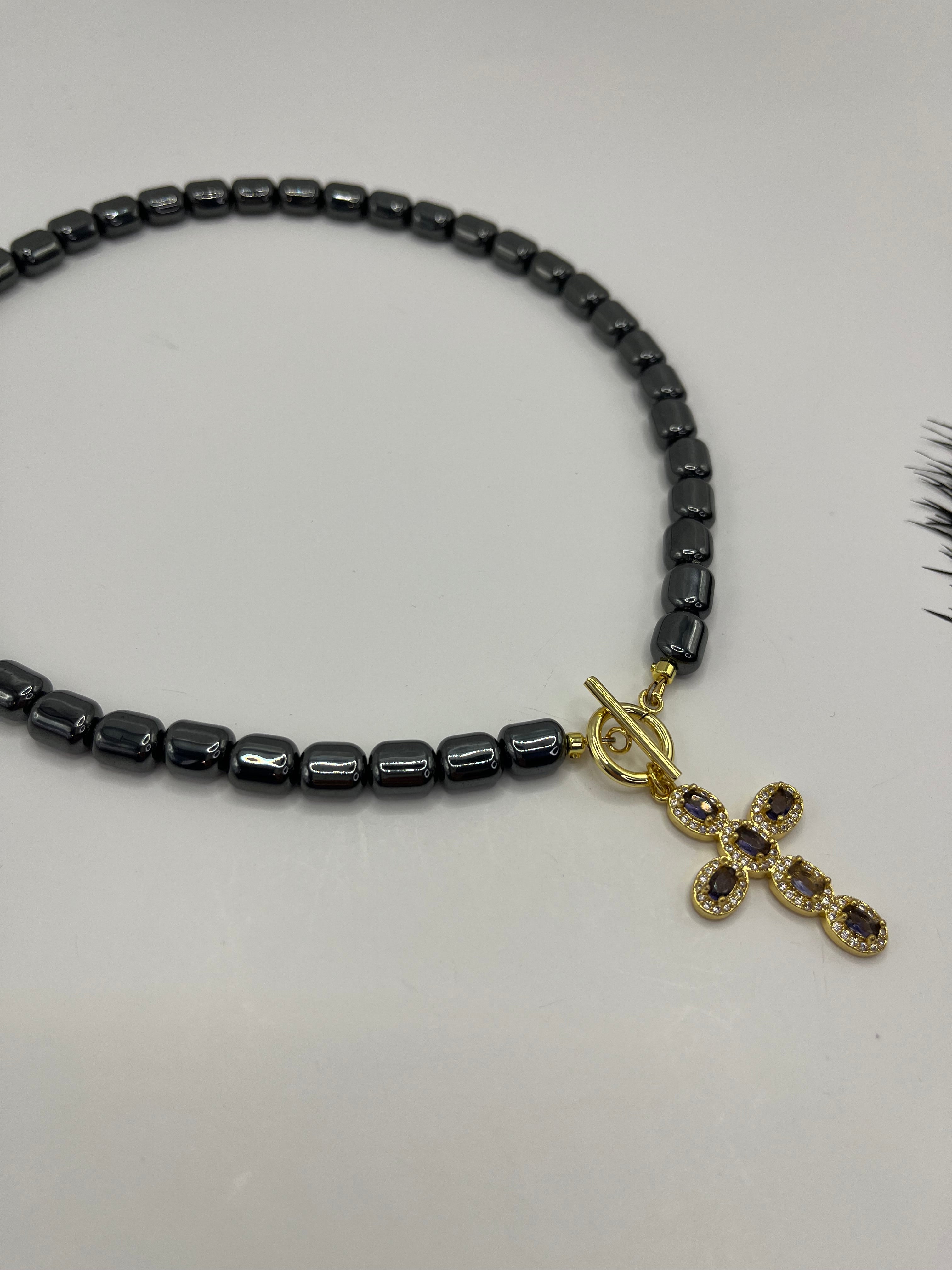 Hematite Choker Necklace with Cross pendant: 18K Gold Plated