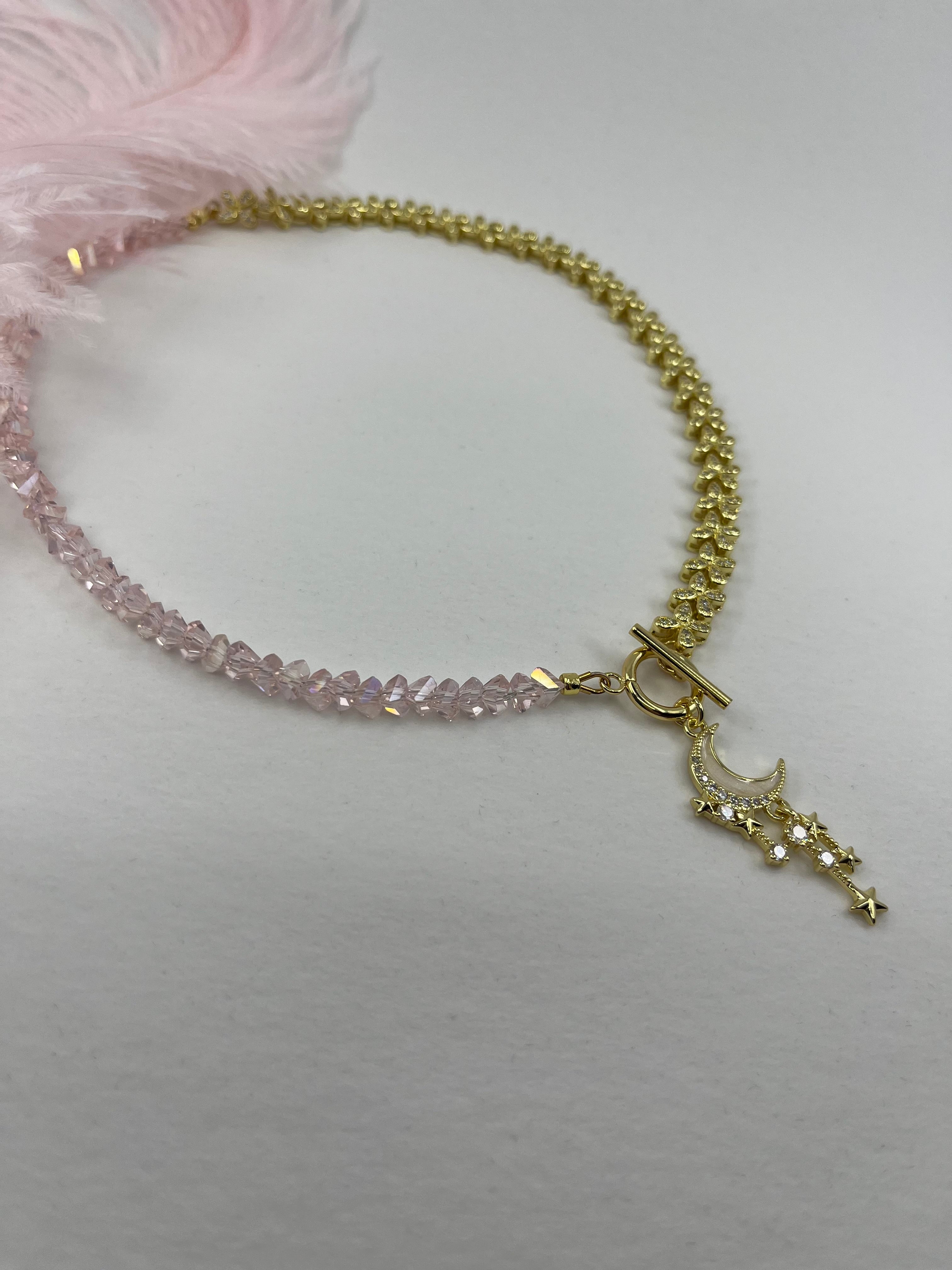 Asymmetrical Crystal Moon Necklace, 18k gold plated