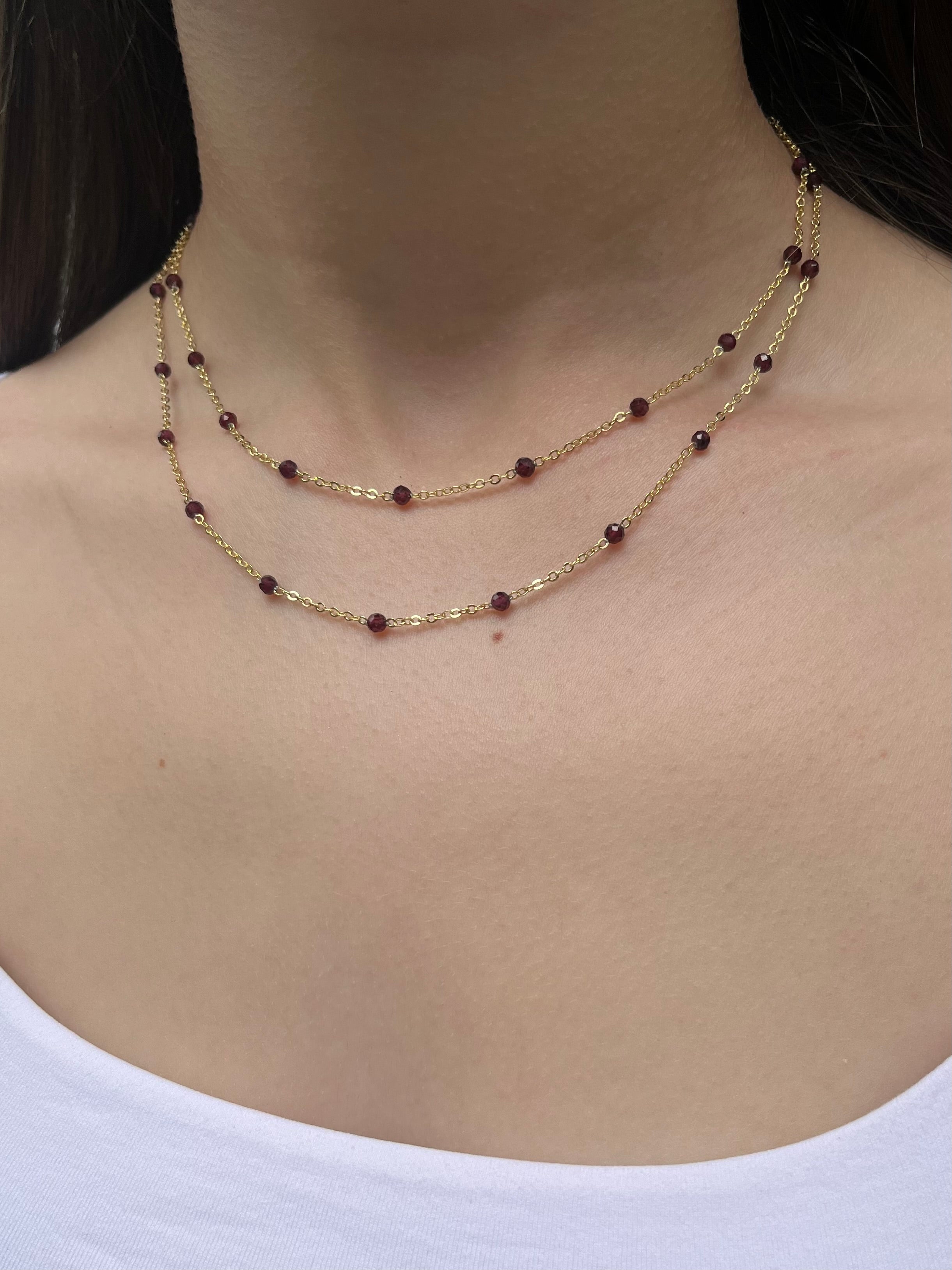 Layered Garnet necklace , 18K gold clasp