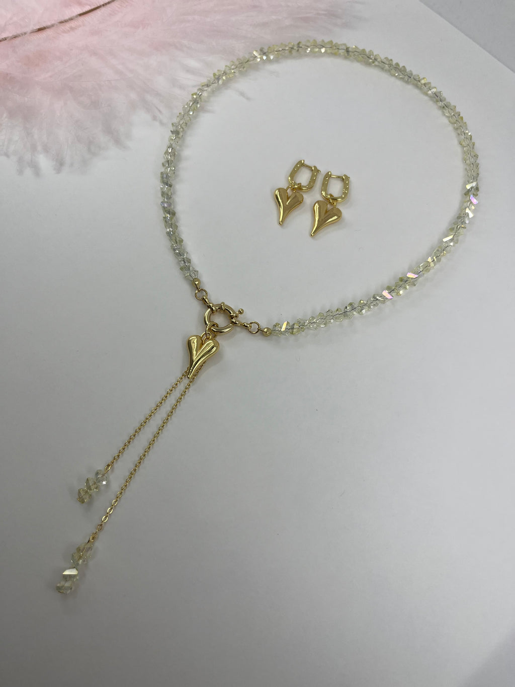 Set: Heart Crystal Y-Necklace and Earrings – 18K Gold Plated