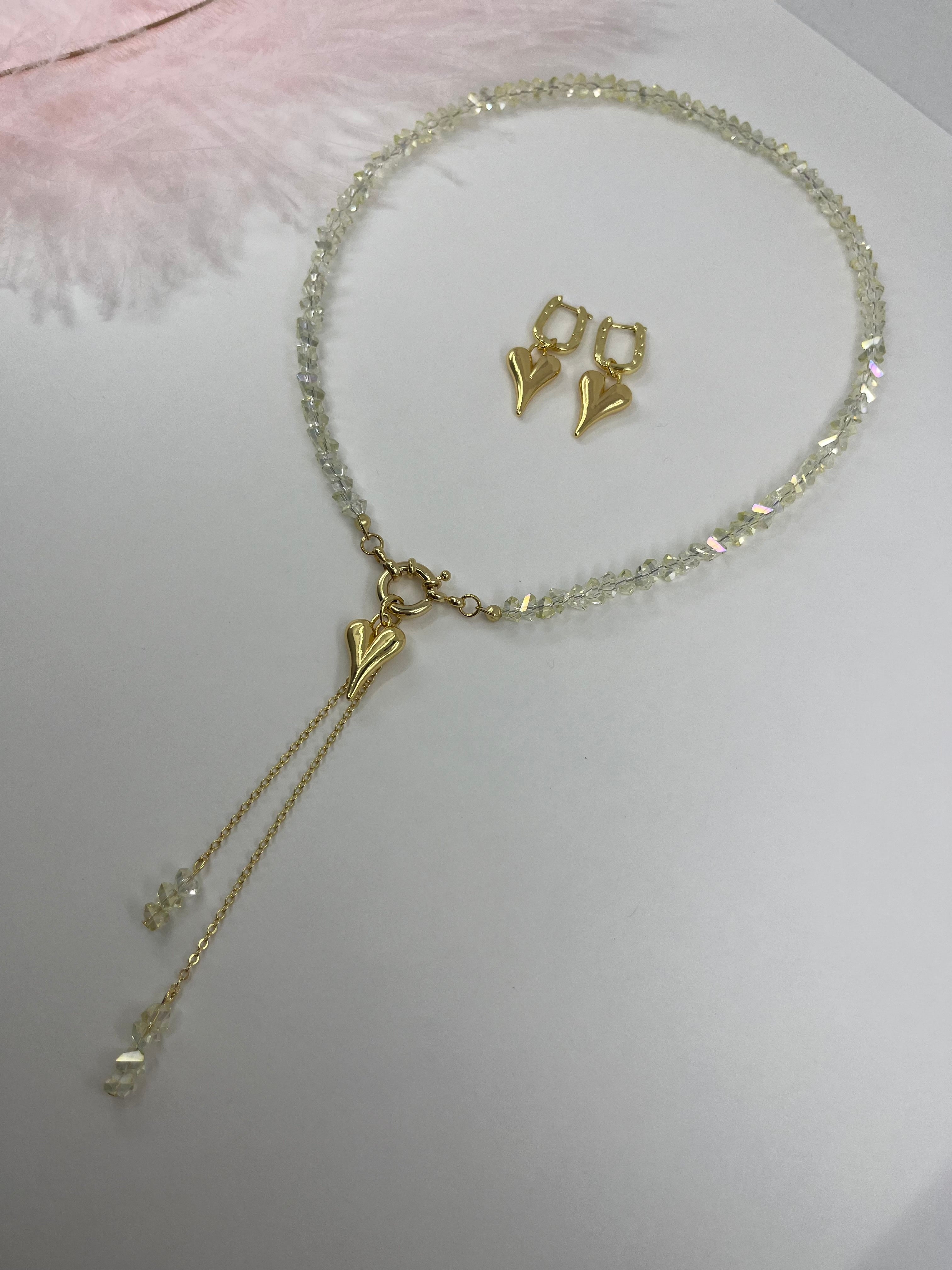 Set: Heart Crystal Y-Necklace and Earrings – 18K Gold Plated