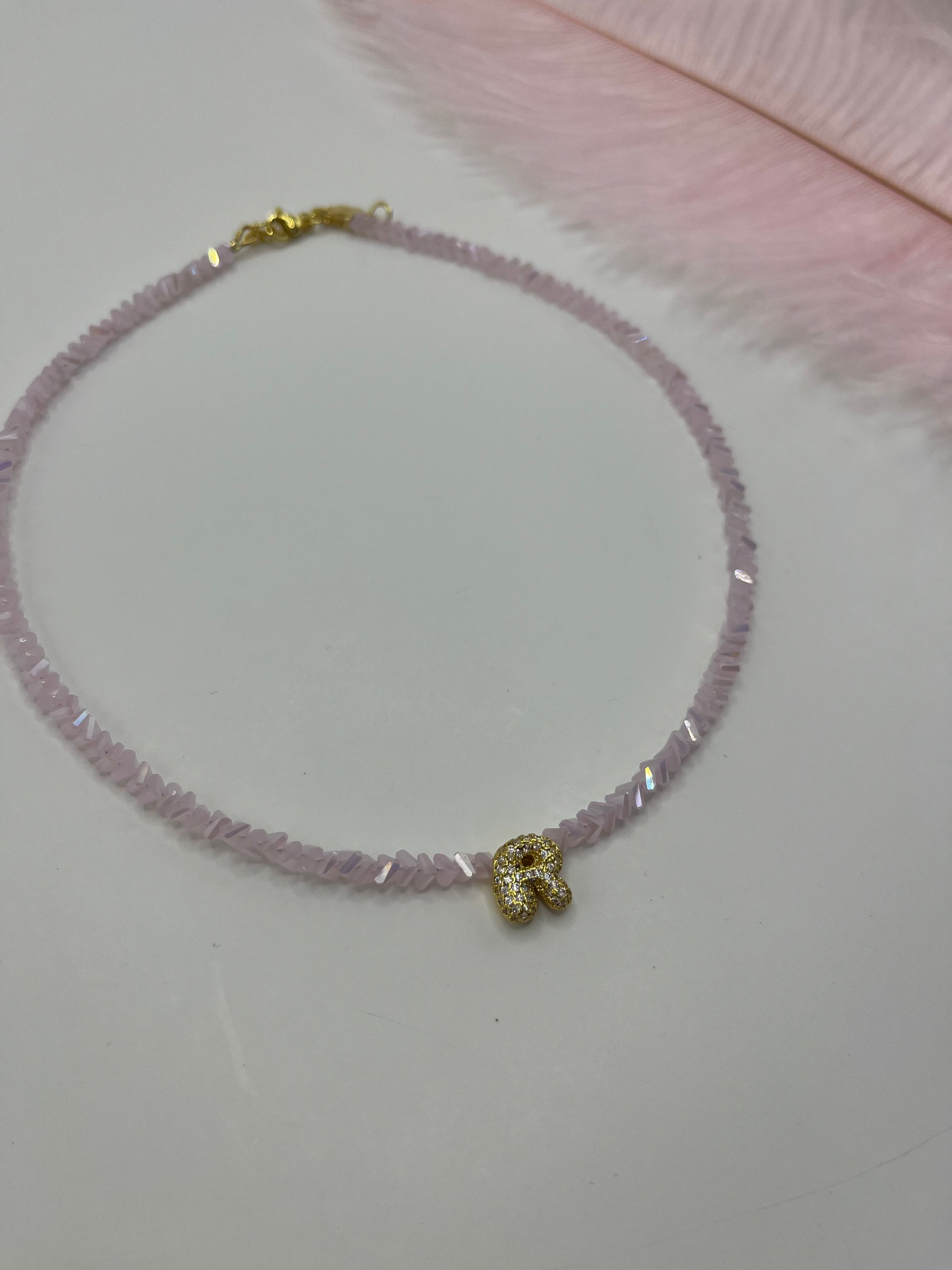 Initial Charm Pink Crystal Necklace – 18K Gold Plated, Cubic Zirconia