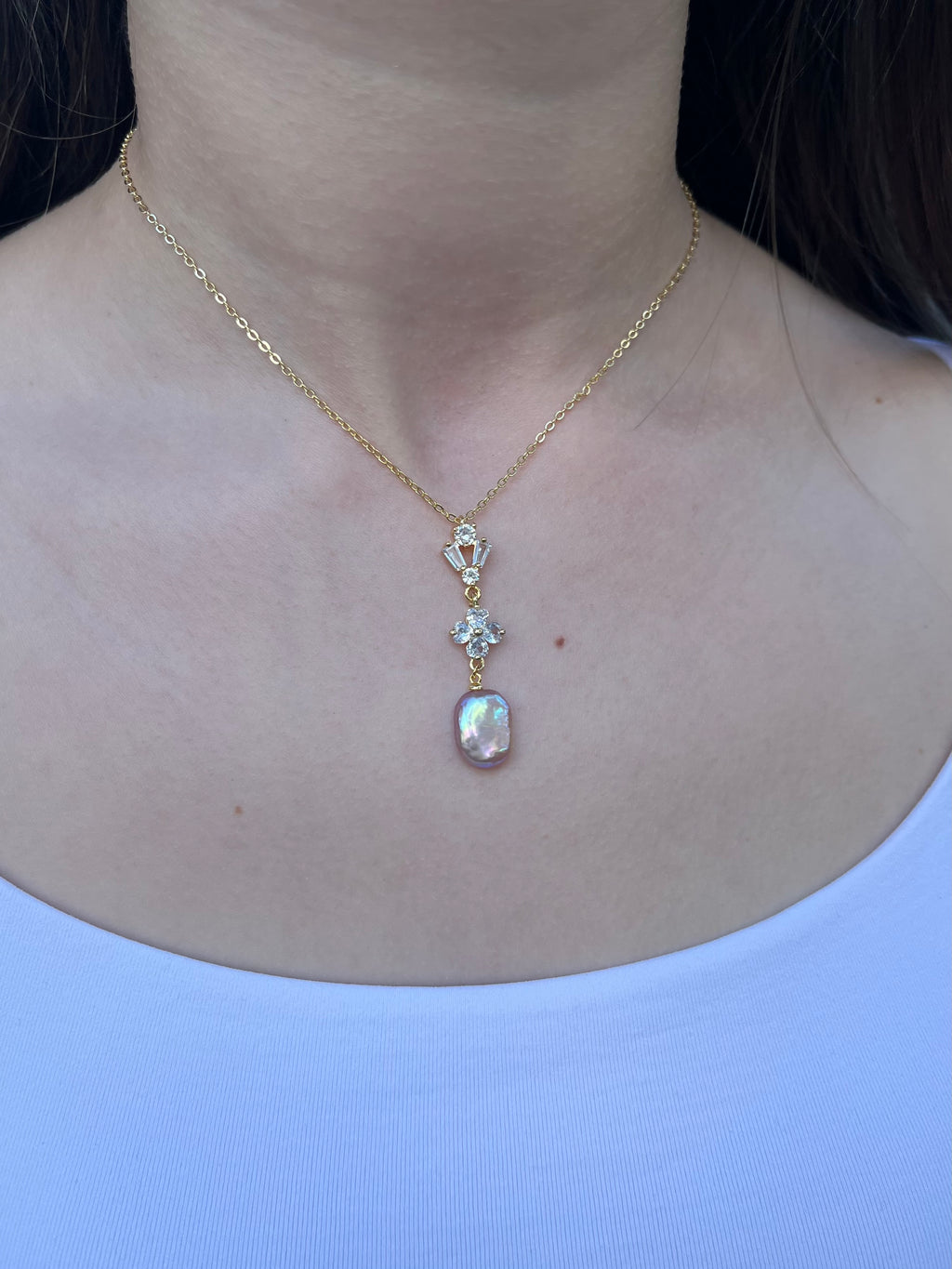 Baroque Pearl and zirconia Y-Necklace, 18k gold plated