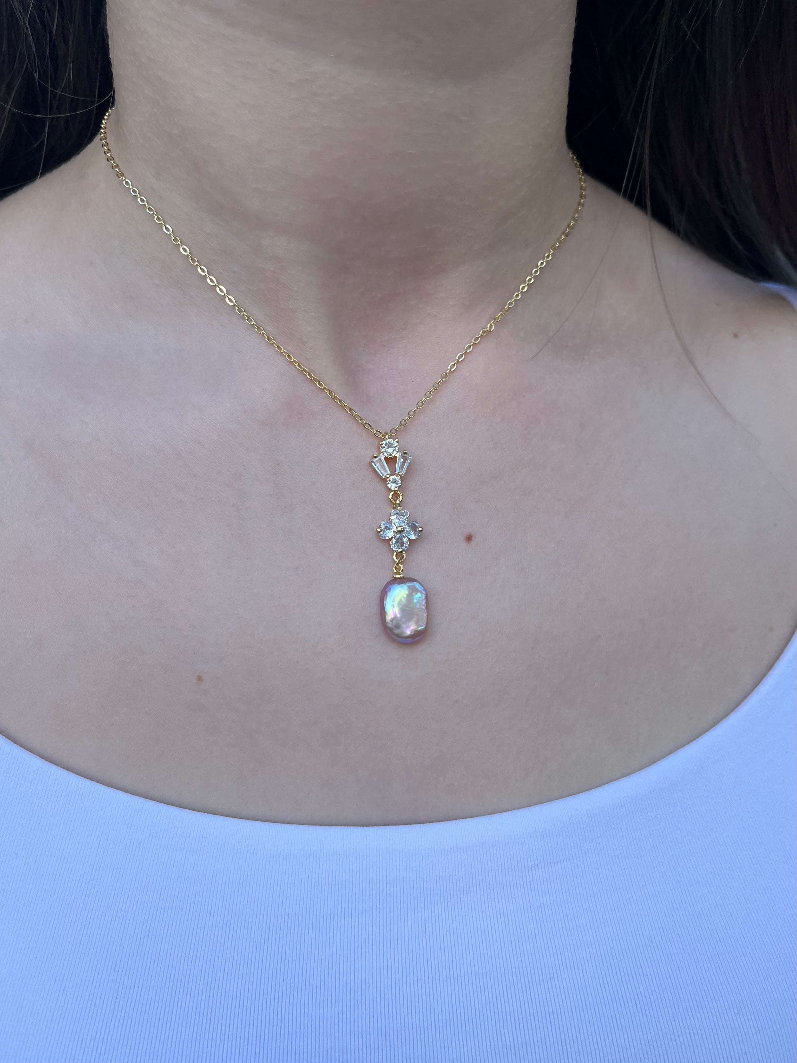 Baroque Pearl and zirconia Y-Necklace, 18k gold plated