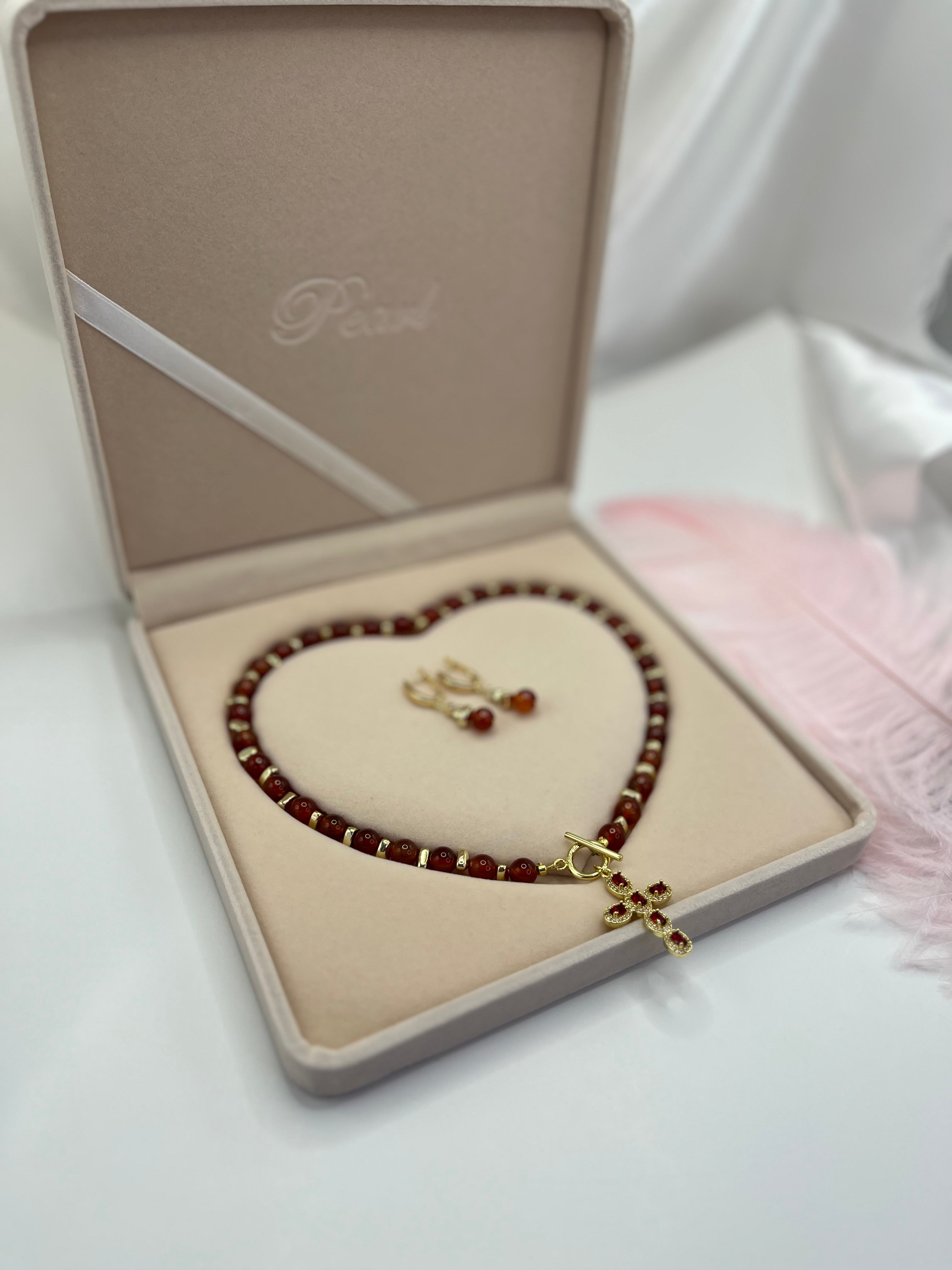 Set: Natural Carnelian Necklace with 18K Gold Cross and earrings