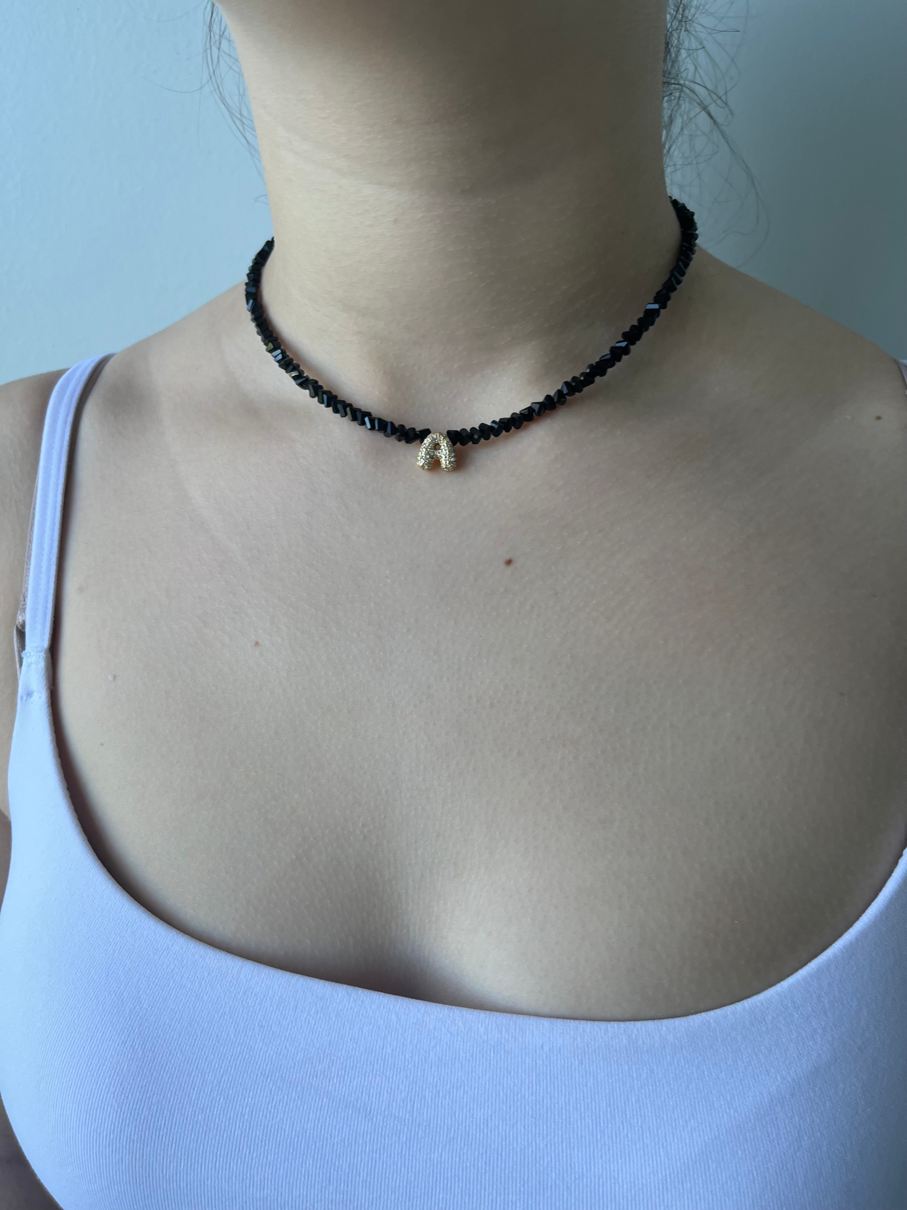 Initial Charm Black Crystal Necklace – 18K Gold Plated, Cubic Zirconia
