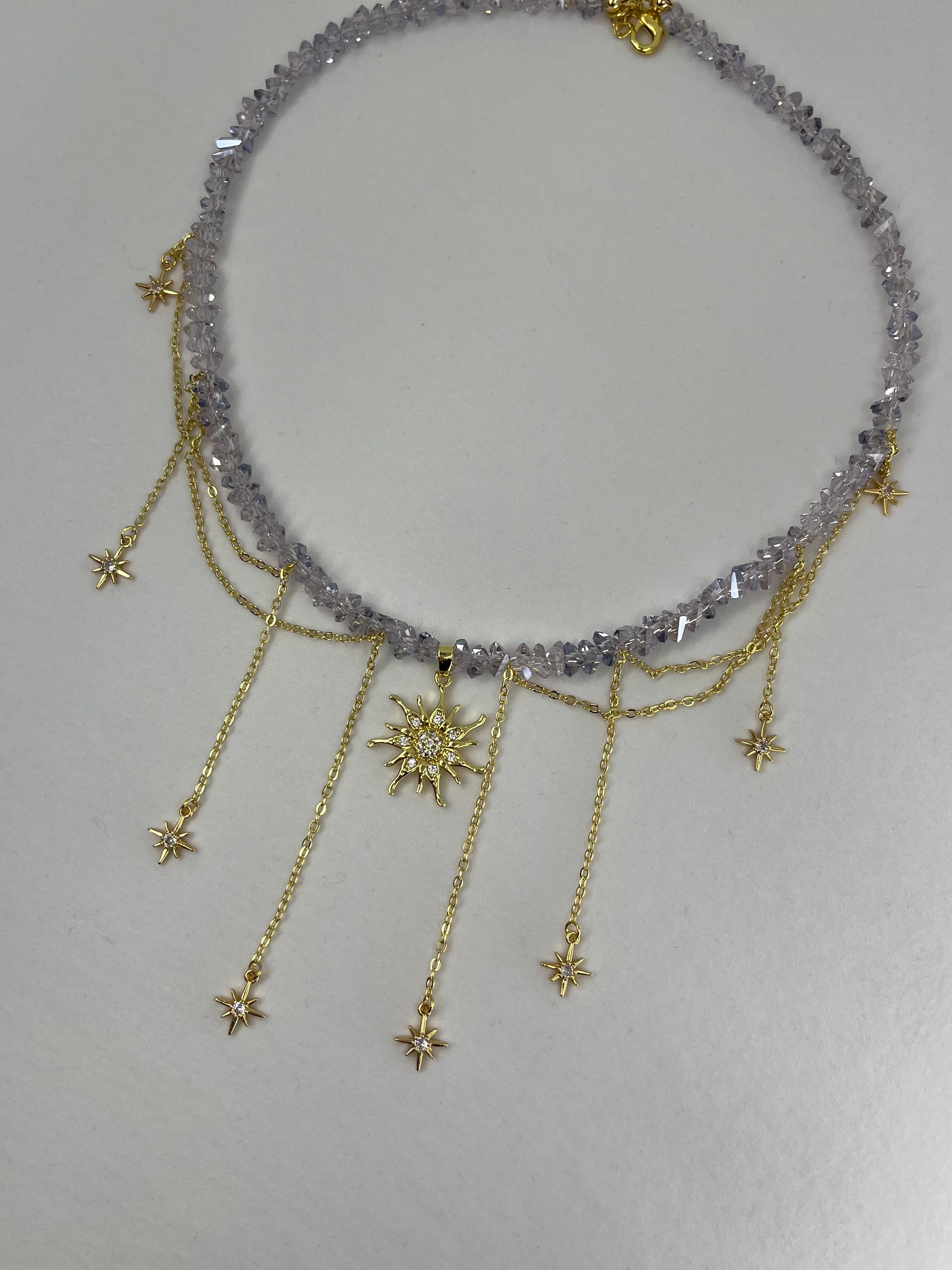 Handmade Crystal Sun & Star Necklace, 18K Gold Plated
