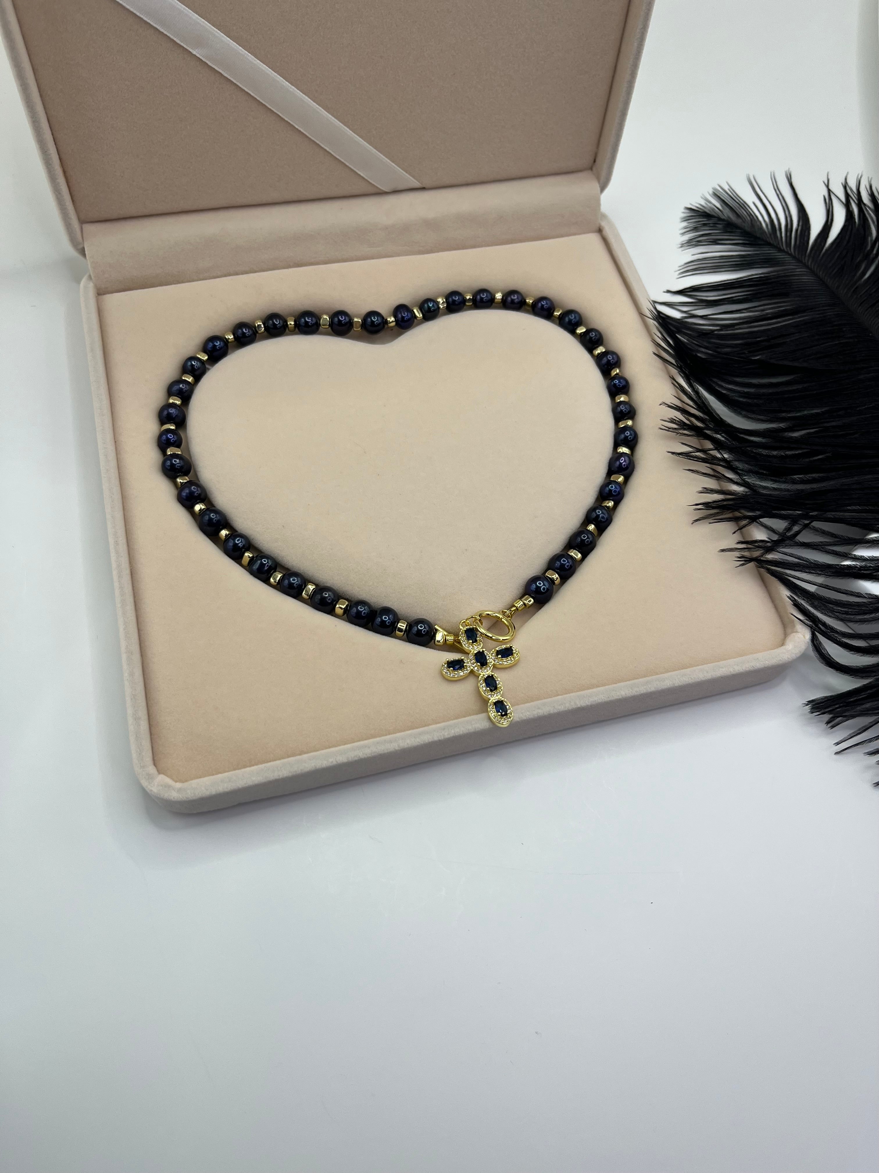 Blue Pearl Choker Necklace with Cross pendant: 18K Gold Plated