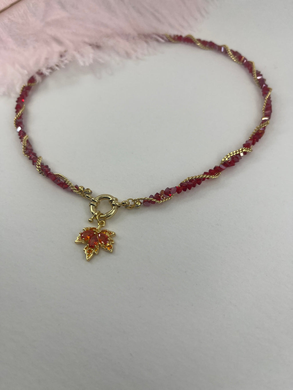 Crystal Red Necklace: 18K Gold Pendant Maple Leaf