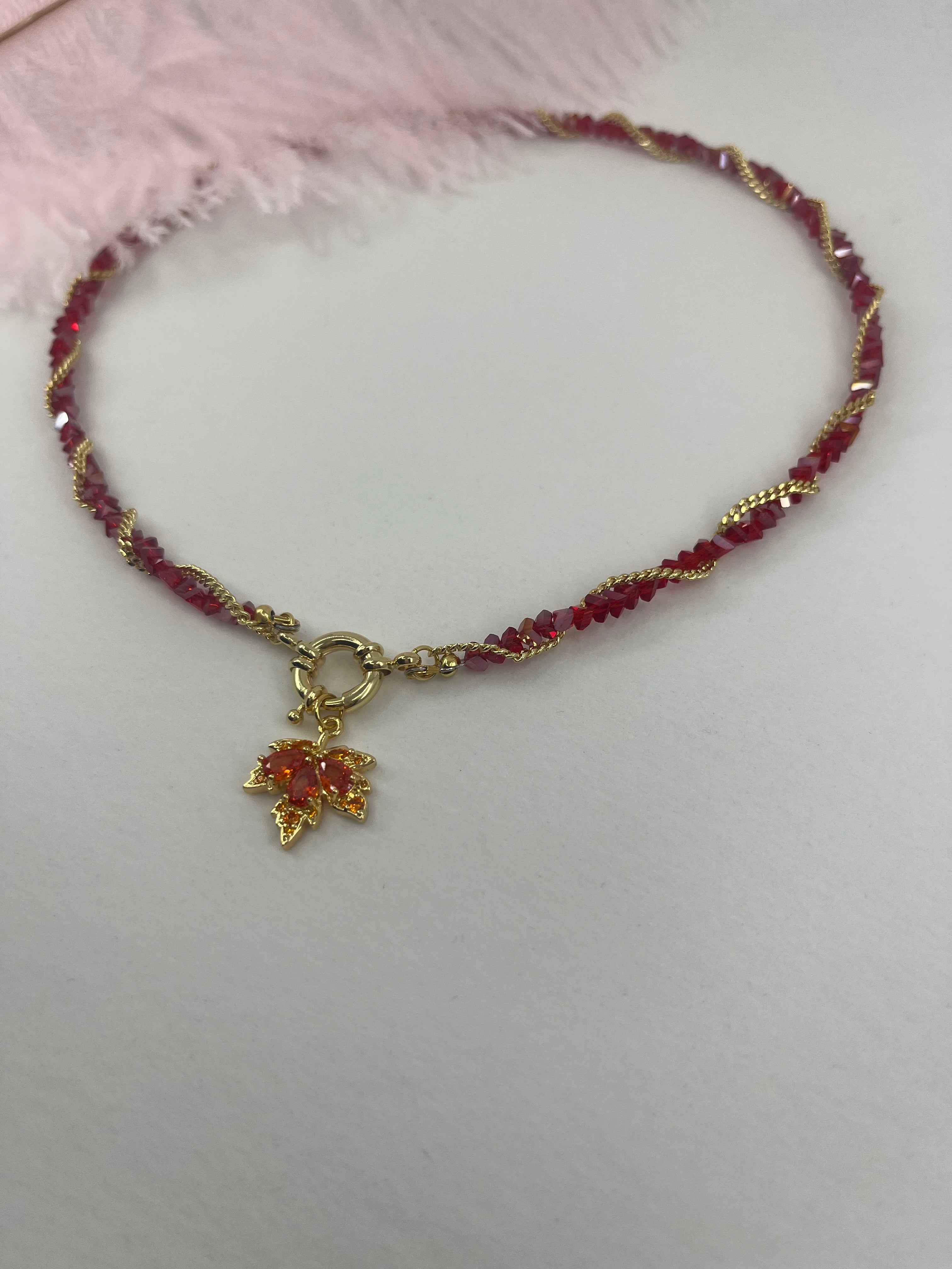 Crystal Red Necklace: 18K Gold Pendant Maple Leaf