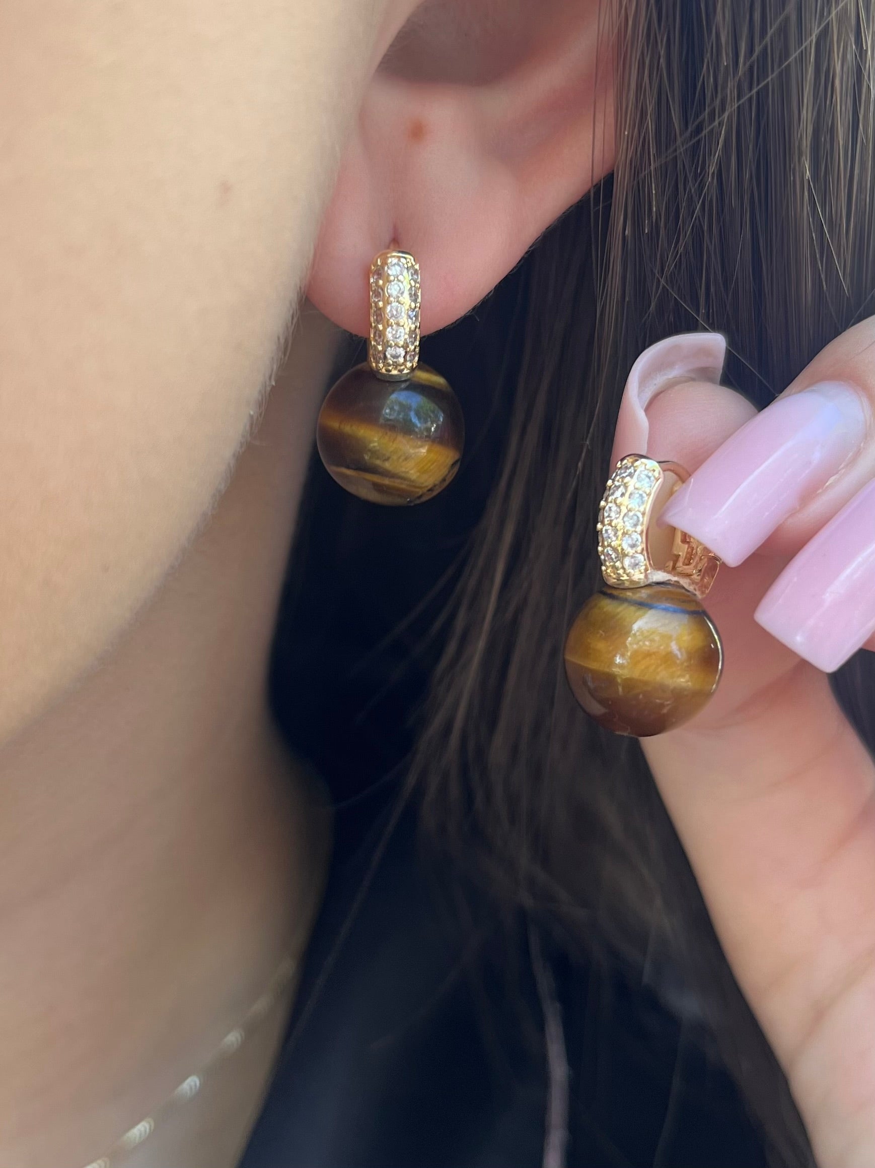 Natural Tiger eye Gold Zirconia Earrings