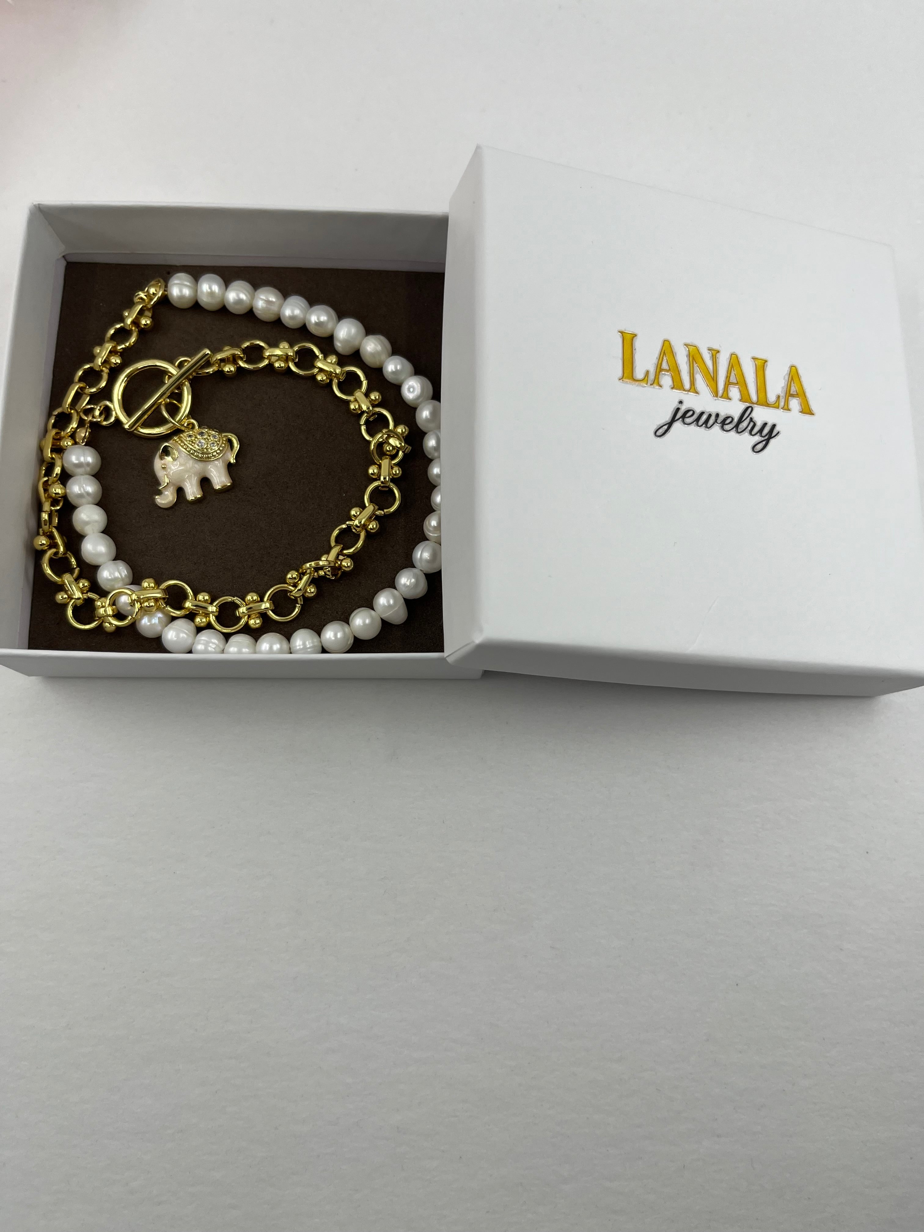 Asymmetrical Pearl Necklace with Elephant Pendant, 18K Gold Plated Chain