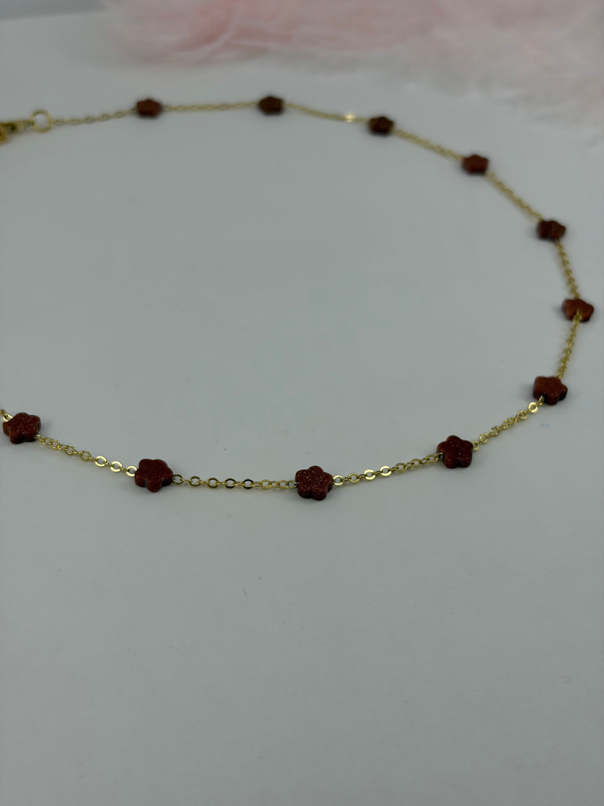Red Sandstone Flower Necklace: 18K Gold Plated
