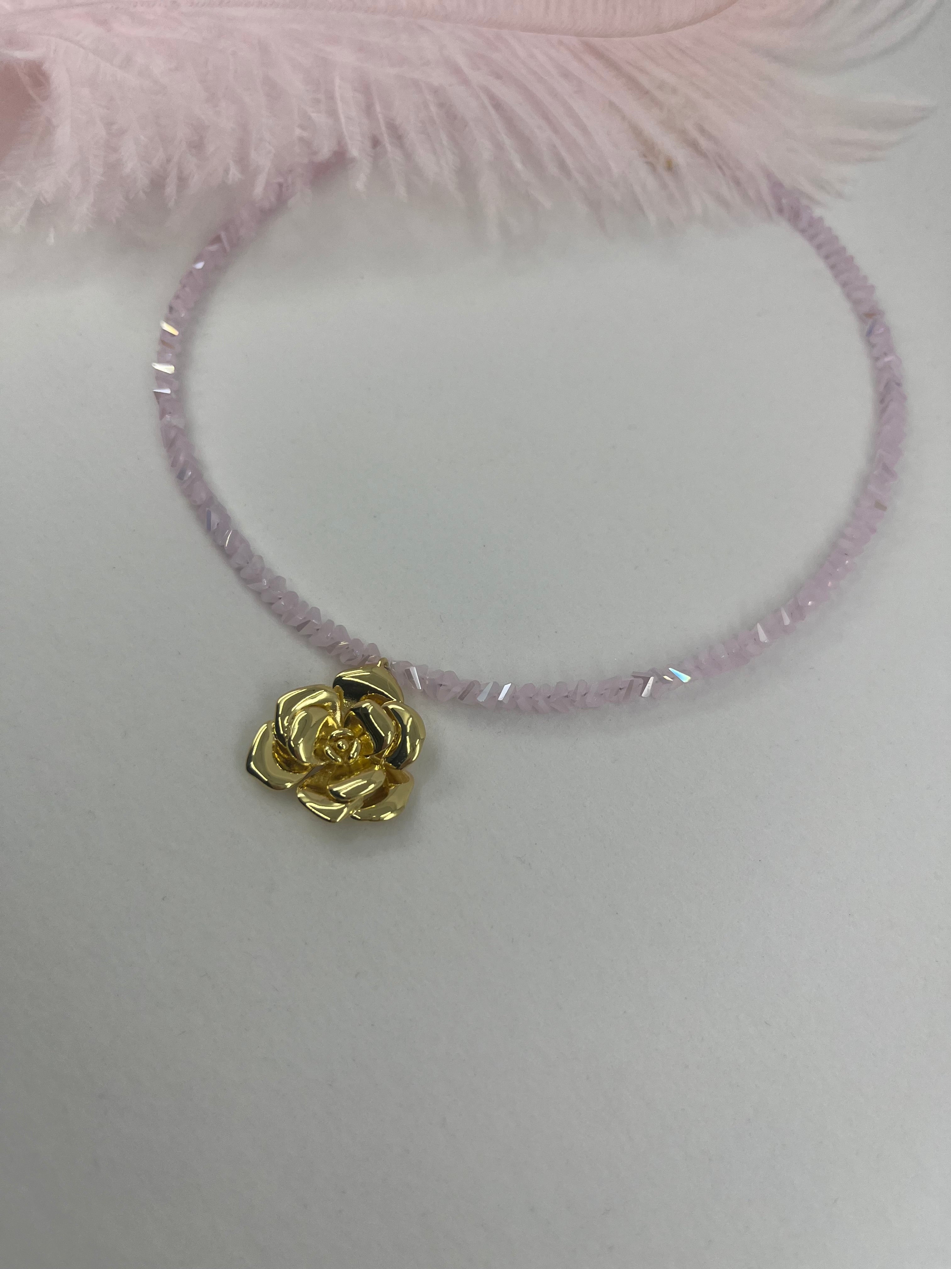 Crystal Pink Glass Bead Choker: 18K Gold Rose Pendant
