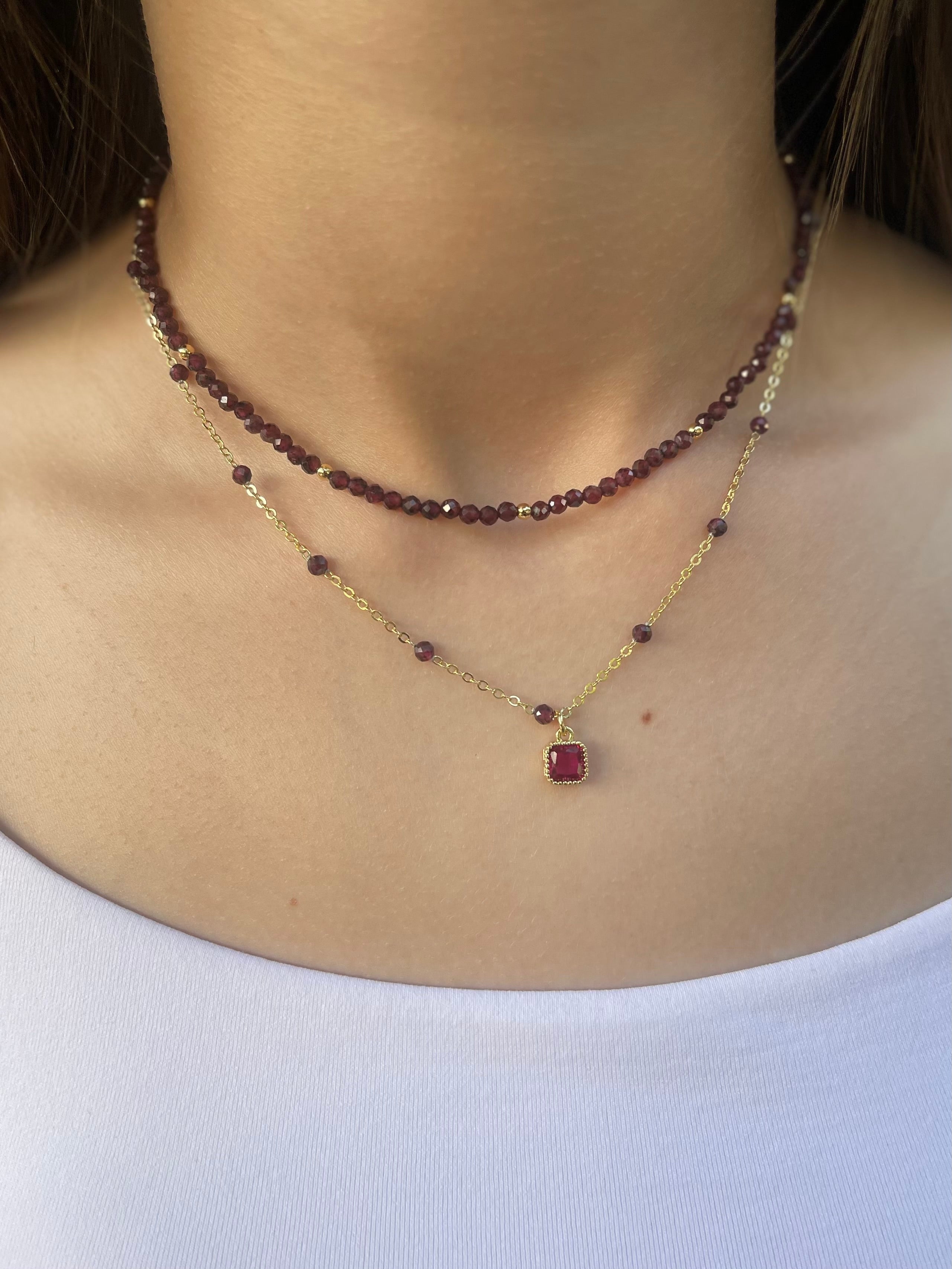 Layered Garnet necklace , 18K gold clasp