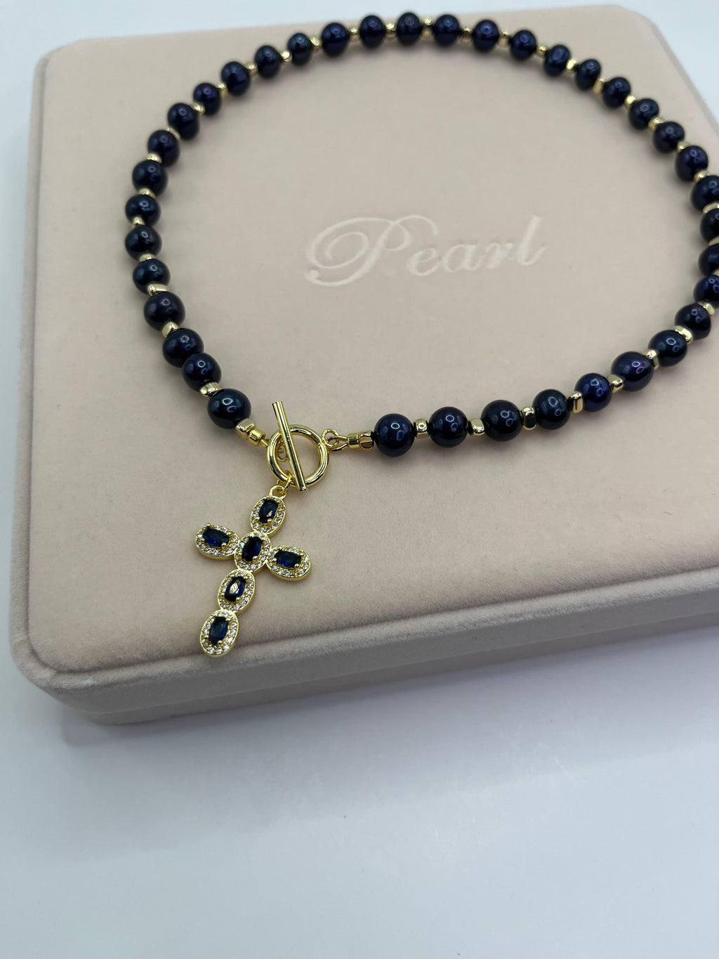 Blue Pearl Choker Necklace with Cross pendant: 18K Gold Plated