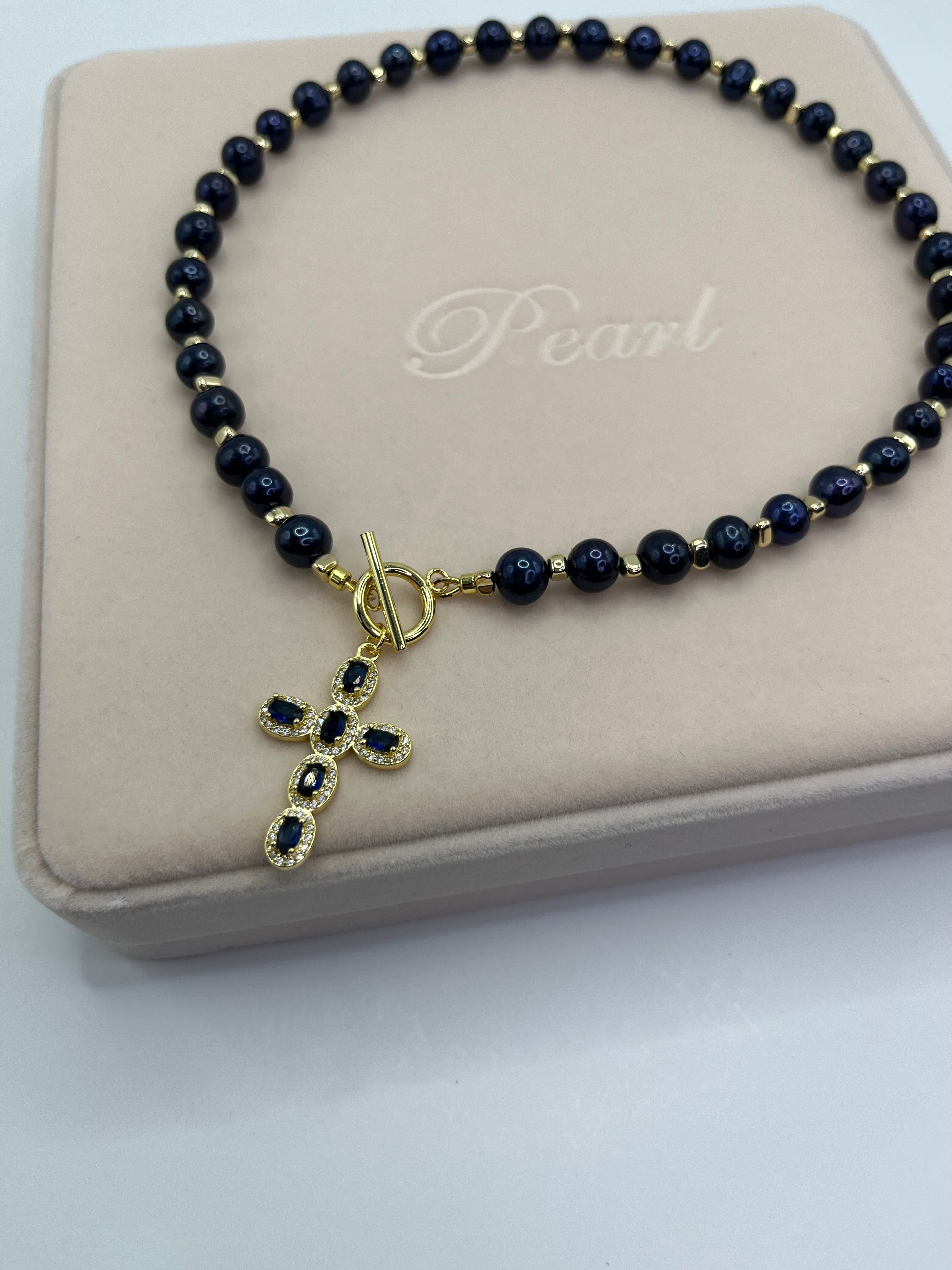 Blue Pearl Choker Necklace with Cross pendant: 18K Gold Plated