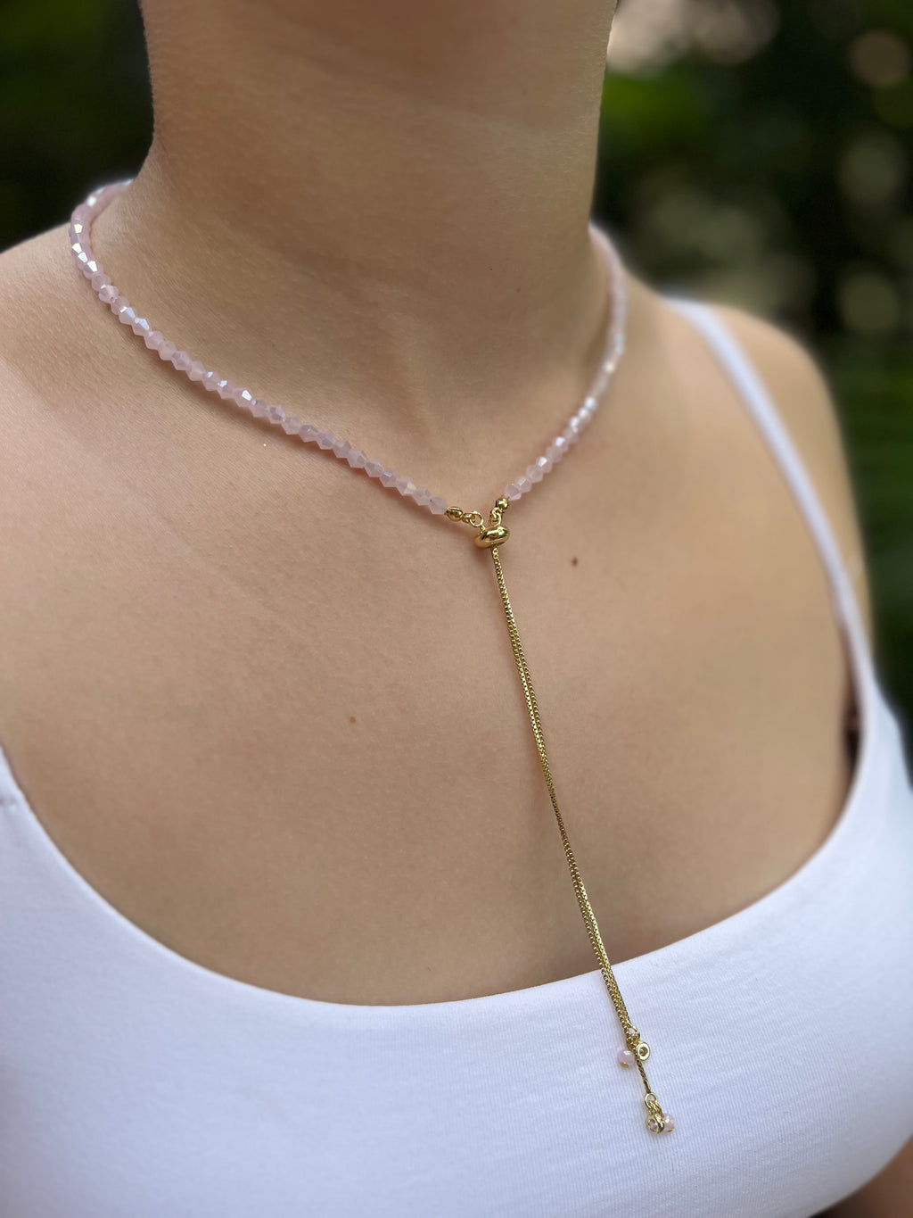 Set Pink Beaded Choker Necklace with Earrings – 18K Gold Plated