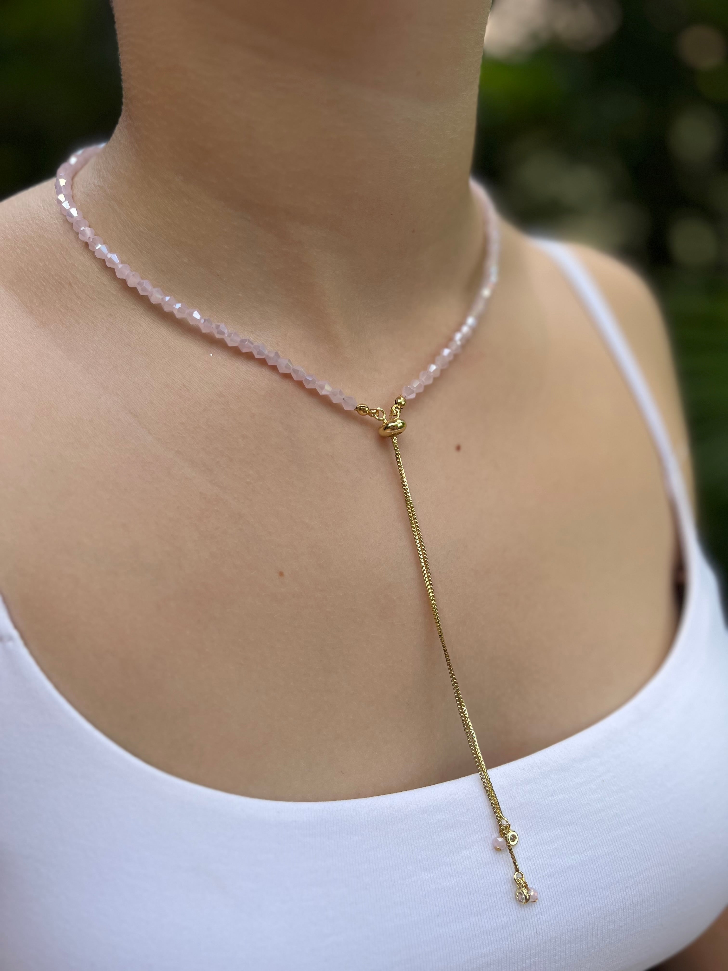 Set Pink Beaded Choker Necklace with Earrings – 18K Gold Plated