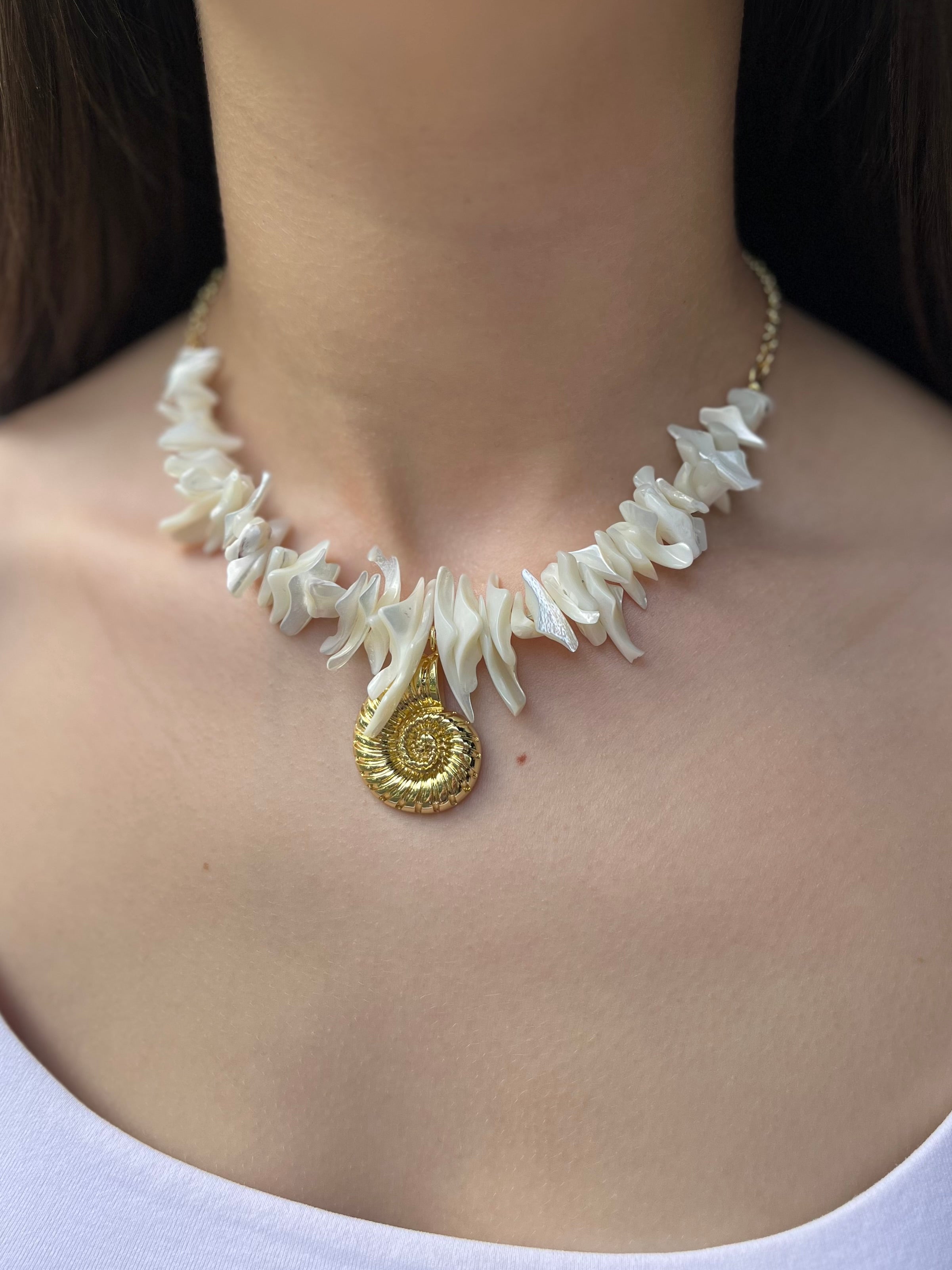Natural Trochid Shell Necklace with Conch Charm, 18K Gold Plated