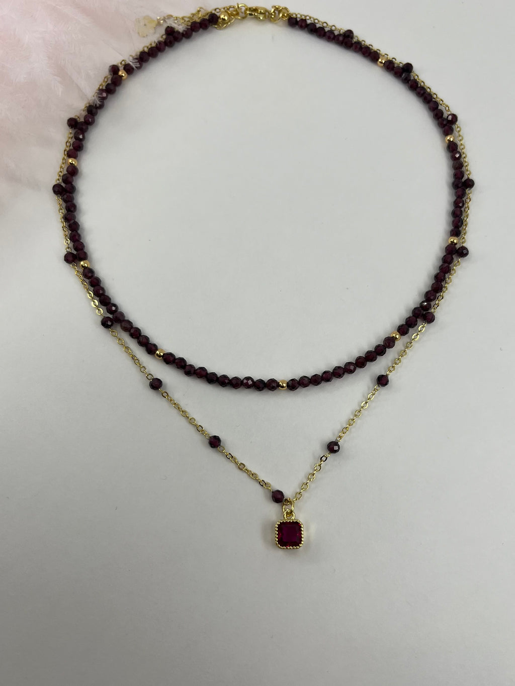 Layered Garnet necklace , 18K gold clasp