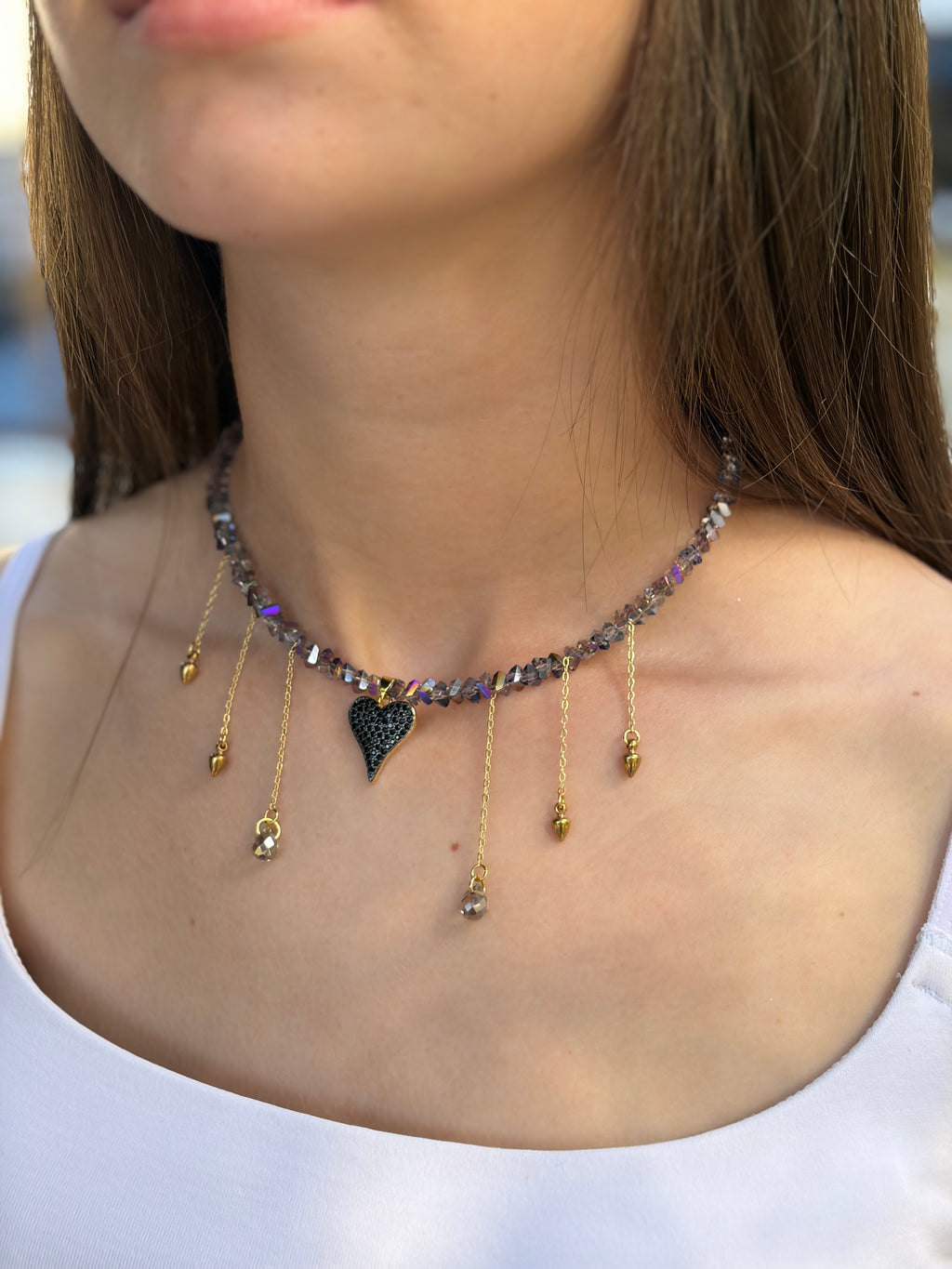 Black Crystal Heart Necklace, 18K Gold Plated