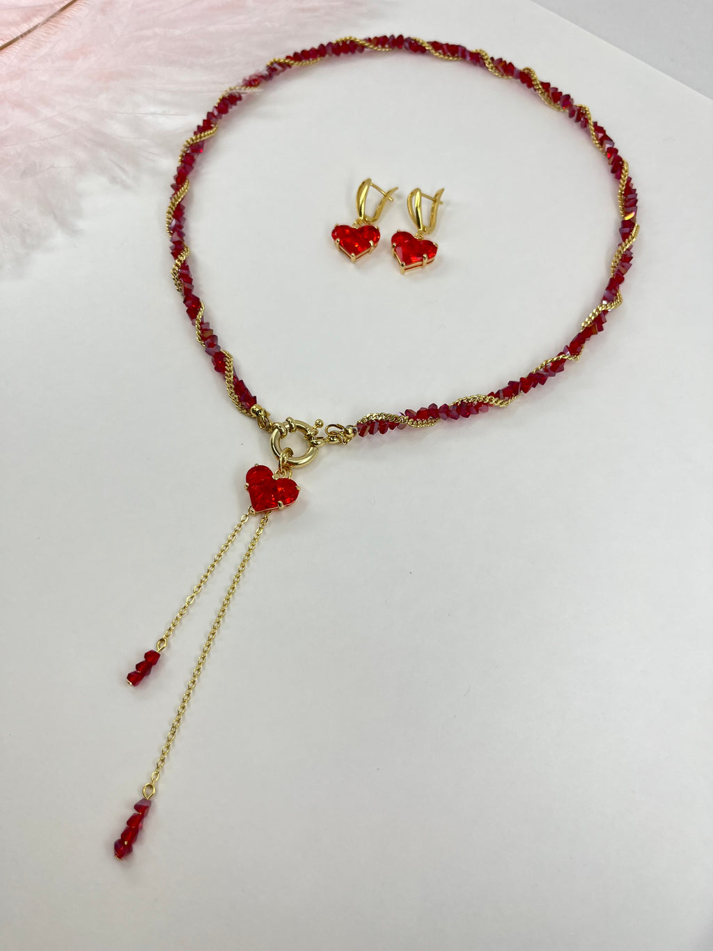 Set: Heart Red Crystal Y-Necklace and Earrings – 18K Gold Plated, Cubic Zirconia