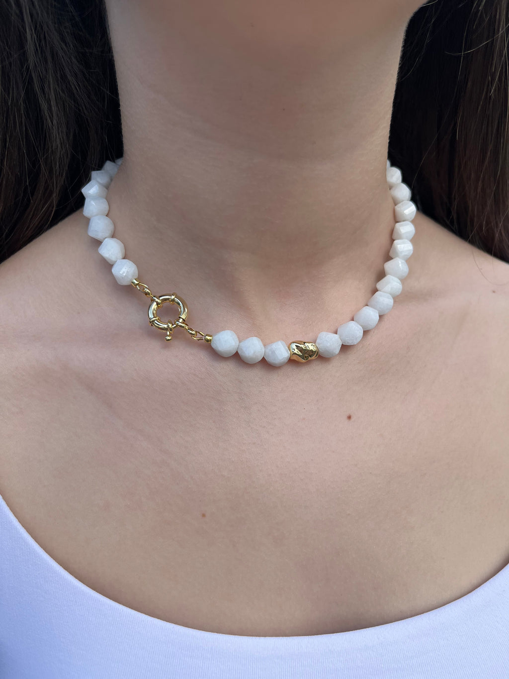 Natural White Jade Necklace with Gold Accent