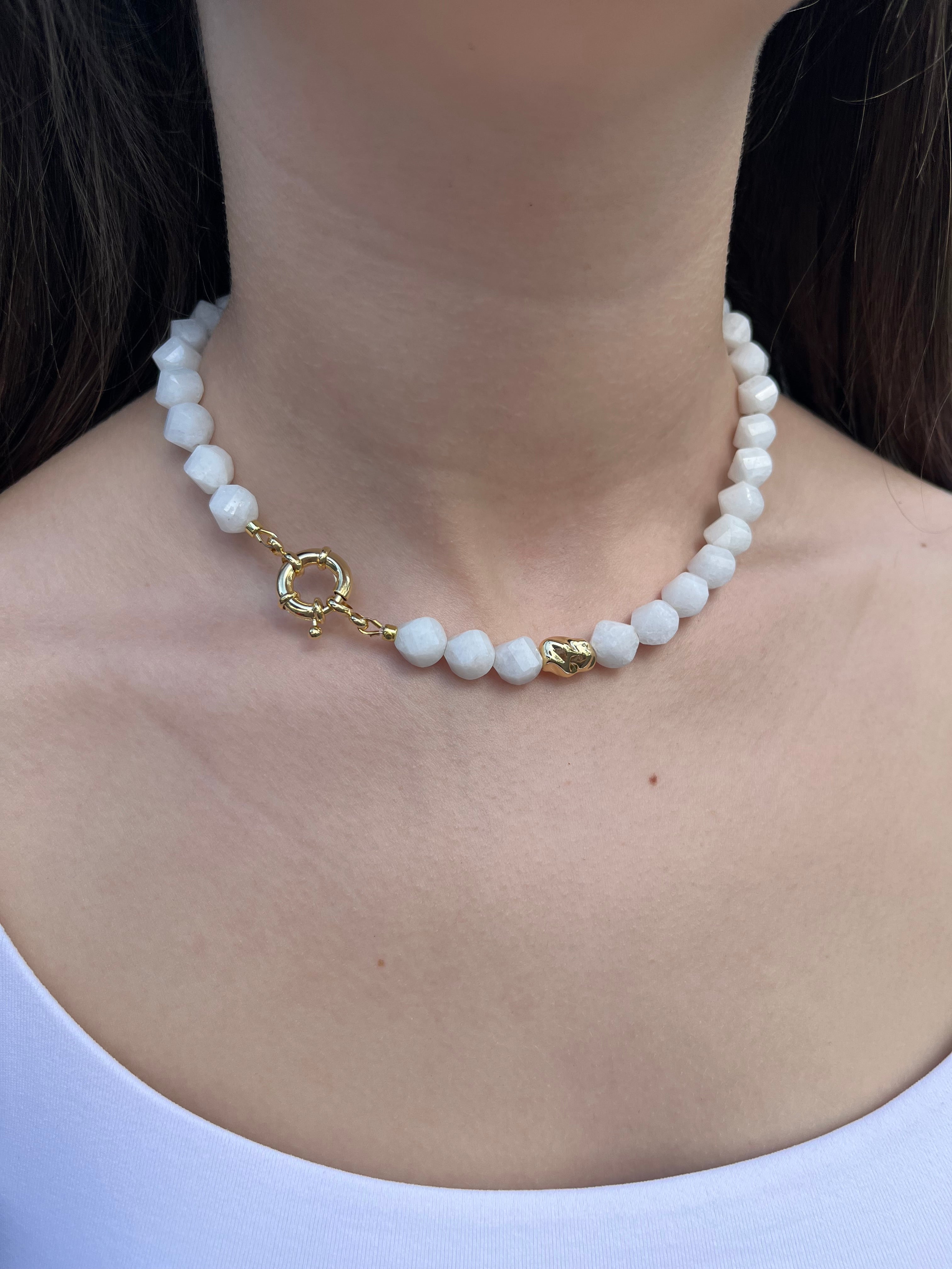 Natural White Jade Necklace with Gold Accent