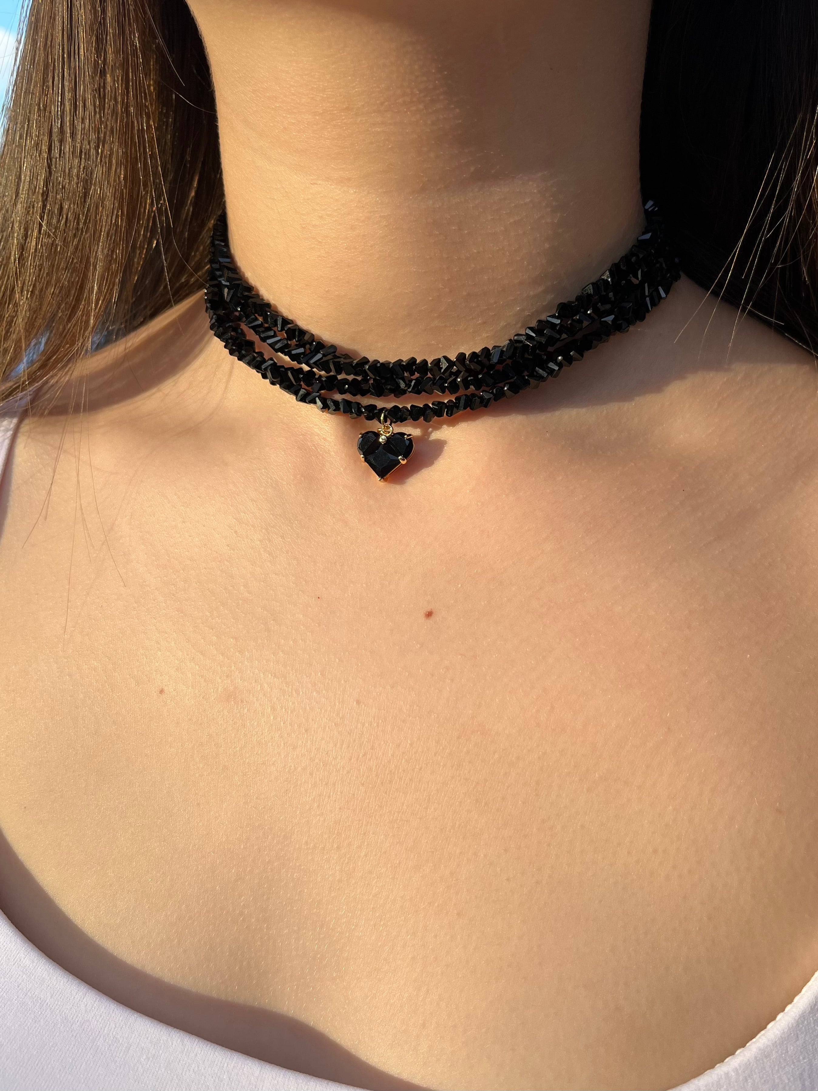 Layered Heart Black Crystal Choker – 18K Gold Plated, Cubic Zirconia, Nickel Free