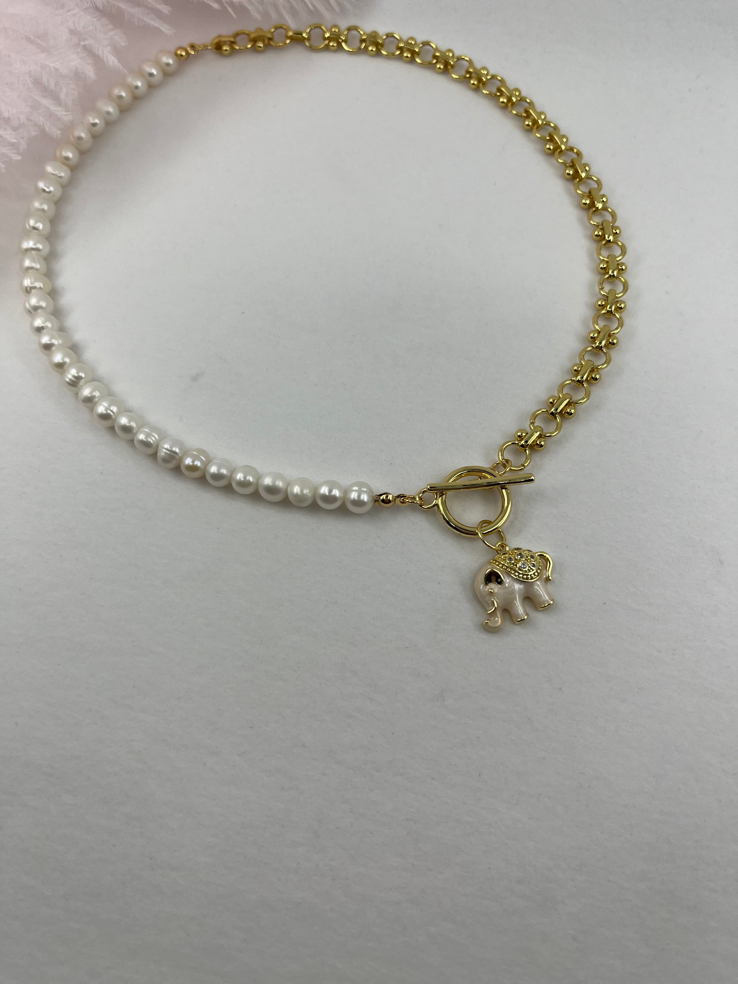 Asymmetrical Pearl Necklace with Elephant Pendant, 18K Gold Plated Chain