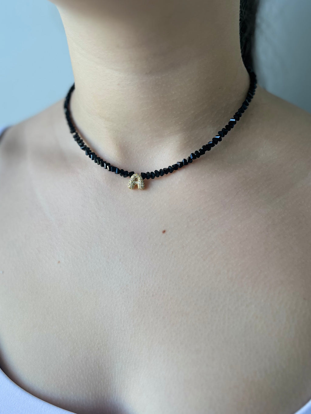 Initial Charm Black Crystal Necklace – 18K Gold Plated, Cubic Zirconia