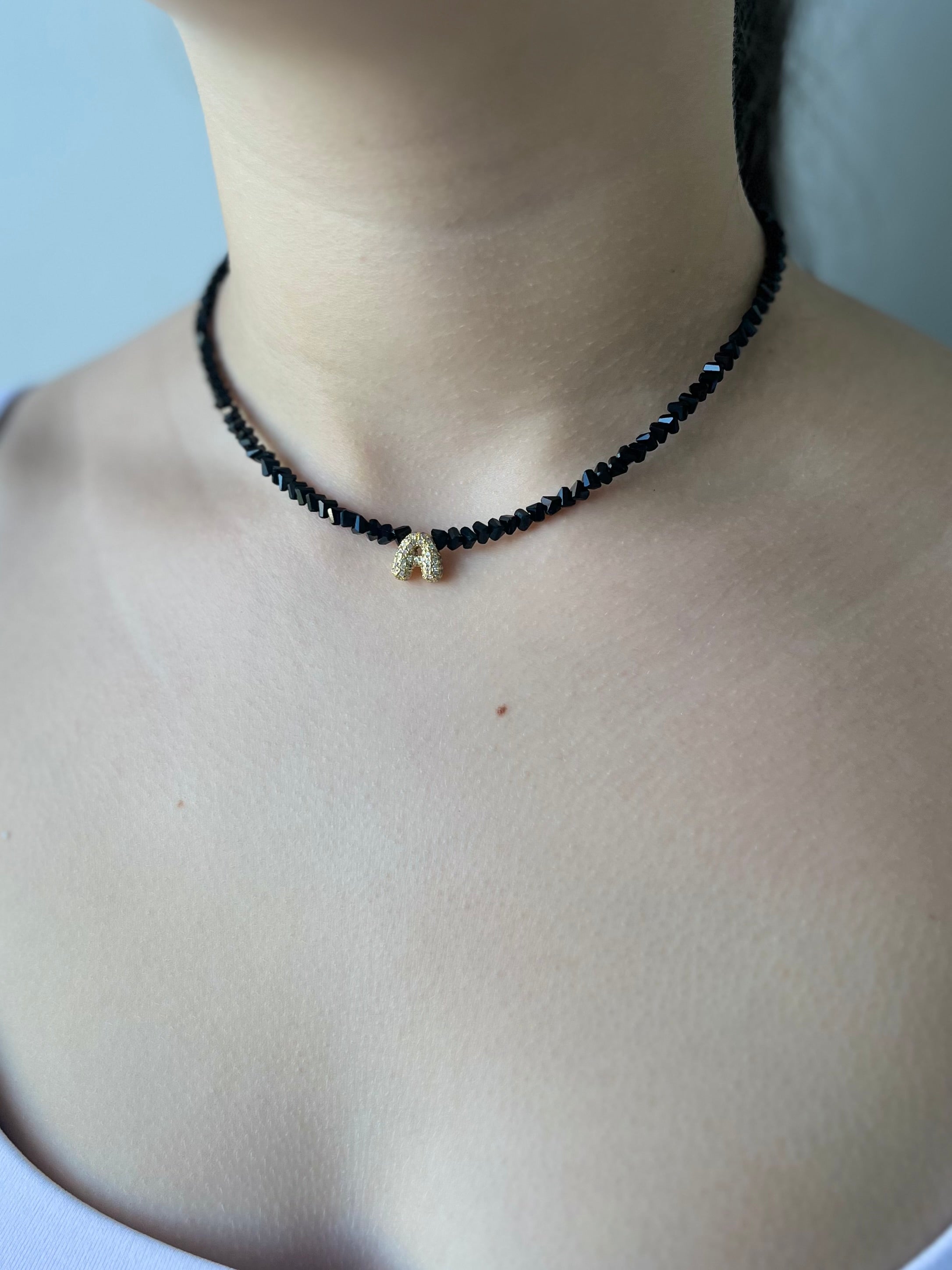 Initial Charm Black Crystal Necklace – 18K Gold Plated, Cubic Zirconia