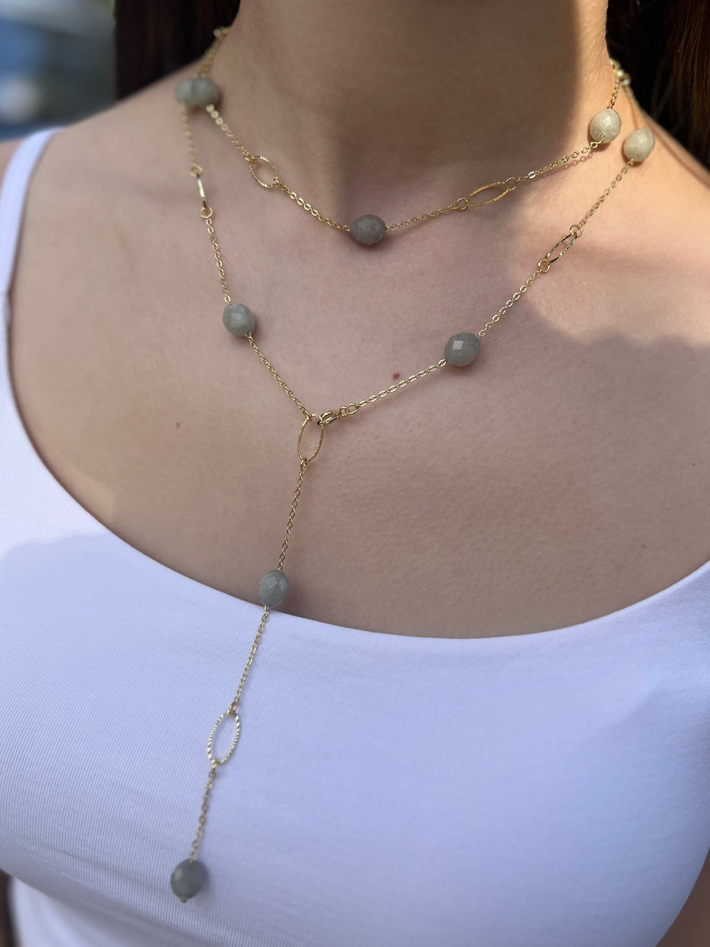 Layered Long Natural Malaysia Jade Necklace with 18K Gold chain