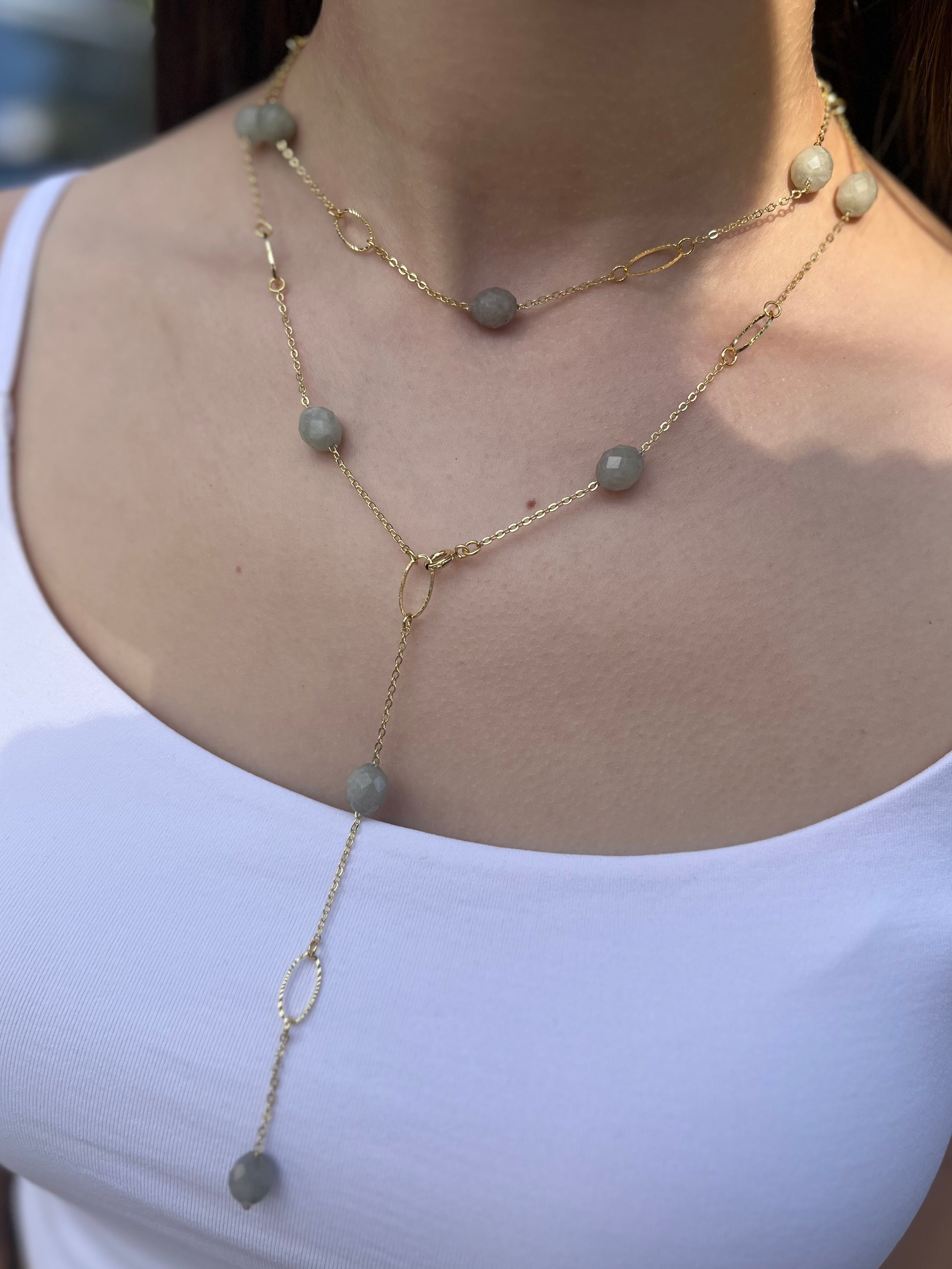 Layered Long Natural Malaysia Jade Necklace with 18K Gold chain