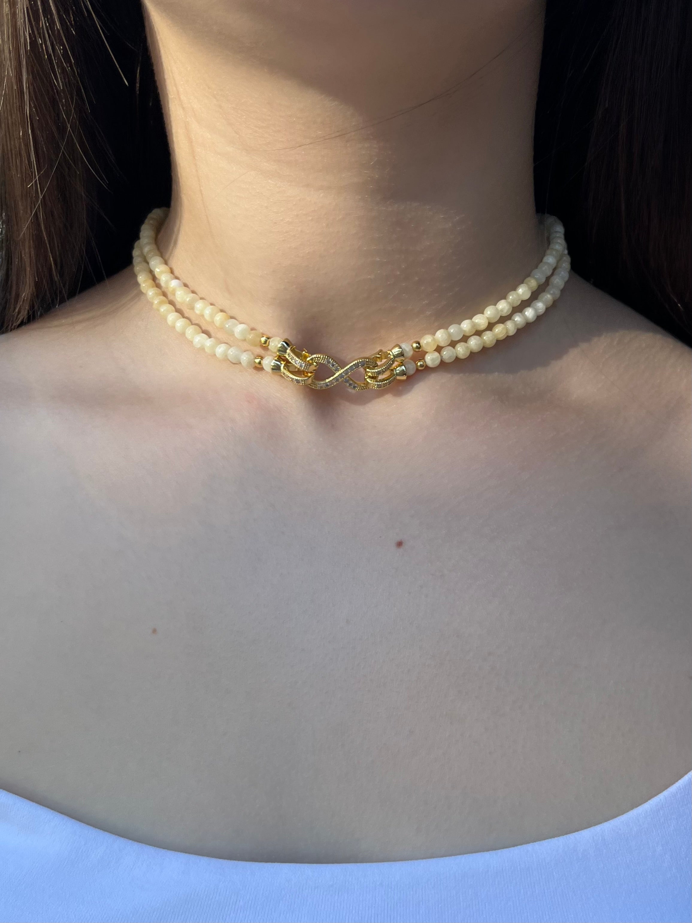 Topaz Jade Choker Necklace : 18K Gold Plated Zirconia Infinity Clasp