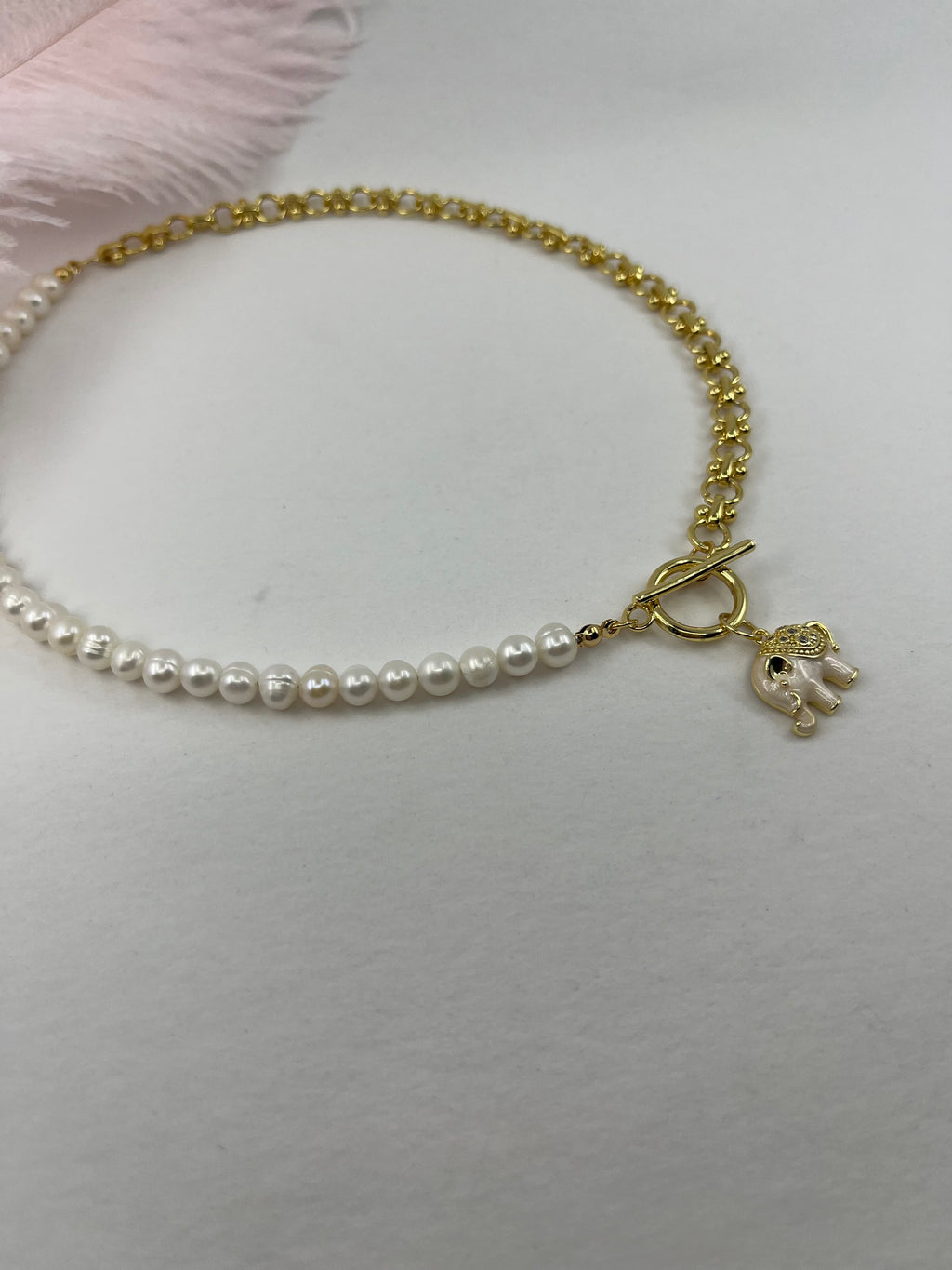 Asymmetrical Pearl Necklace with Elephant Pendant, 18K Gold Plated Chain
