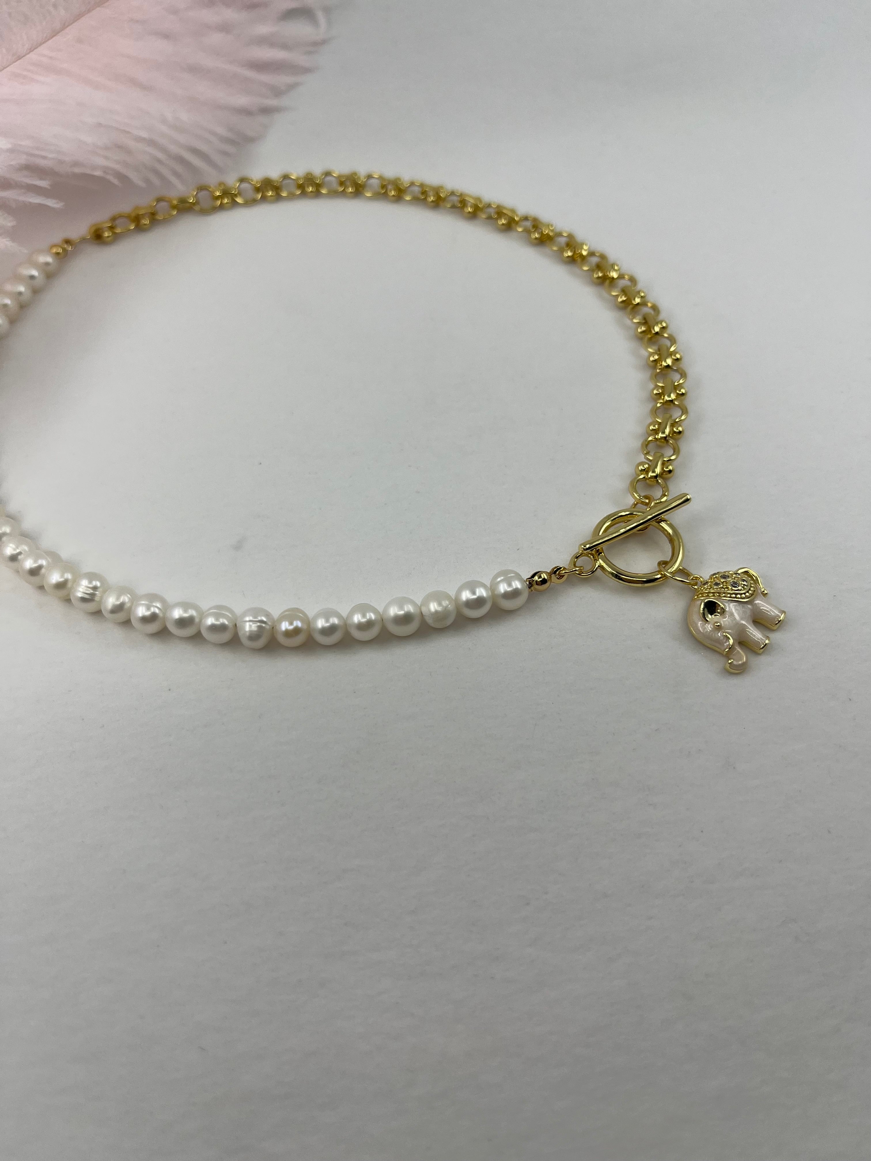 Asymmetrical Pearl Necklace with Elephant Pendant, 18K Gold Plated Chain