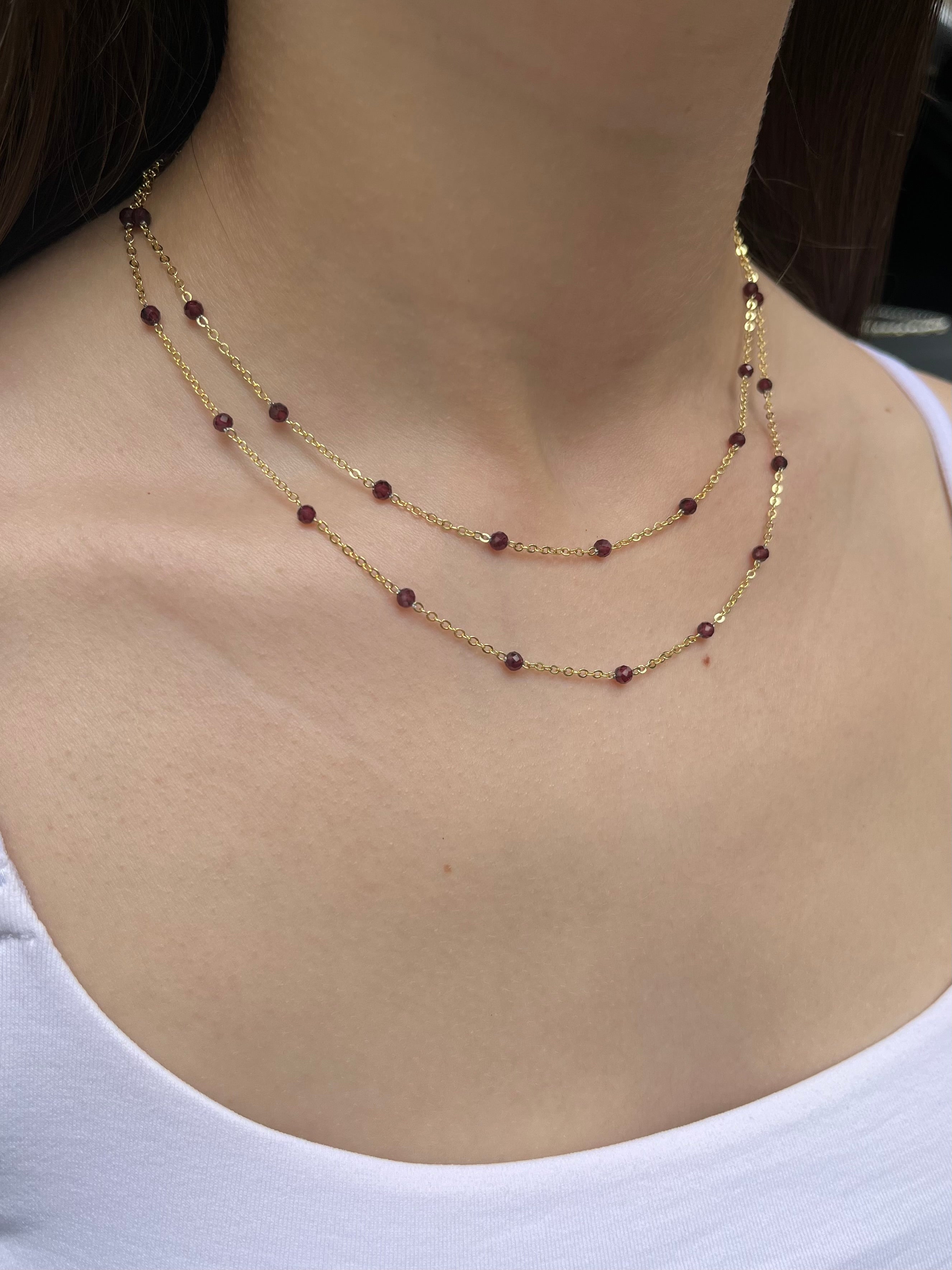 Layered Garnet necklace , 18K gold clasp