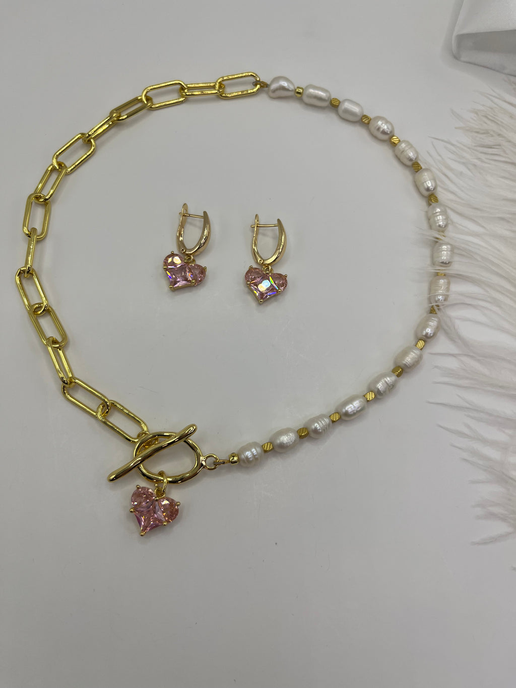Asymmetrical Pearl Choker Necklace with earrings : 18K Gold Plated