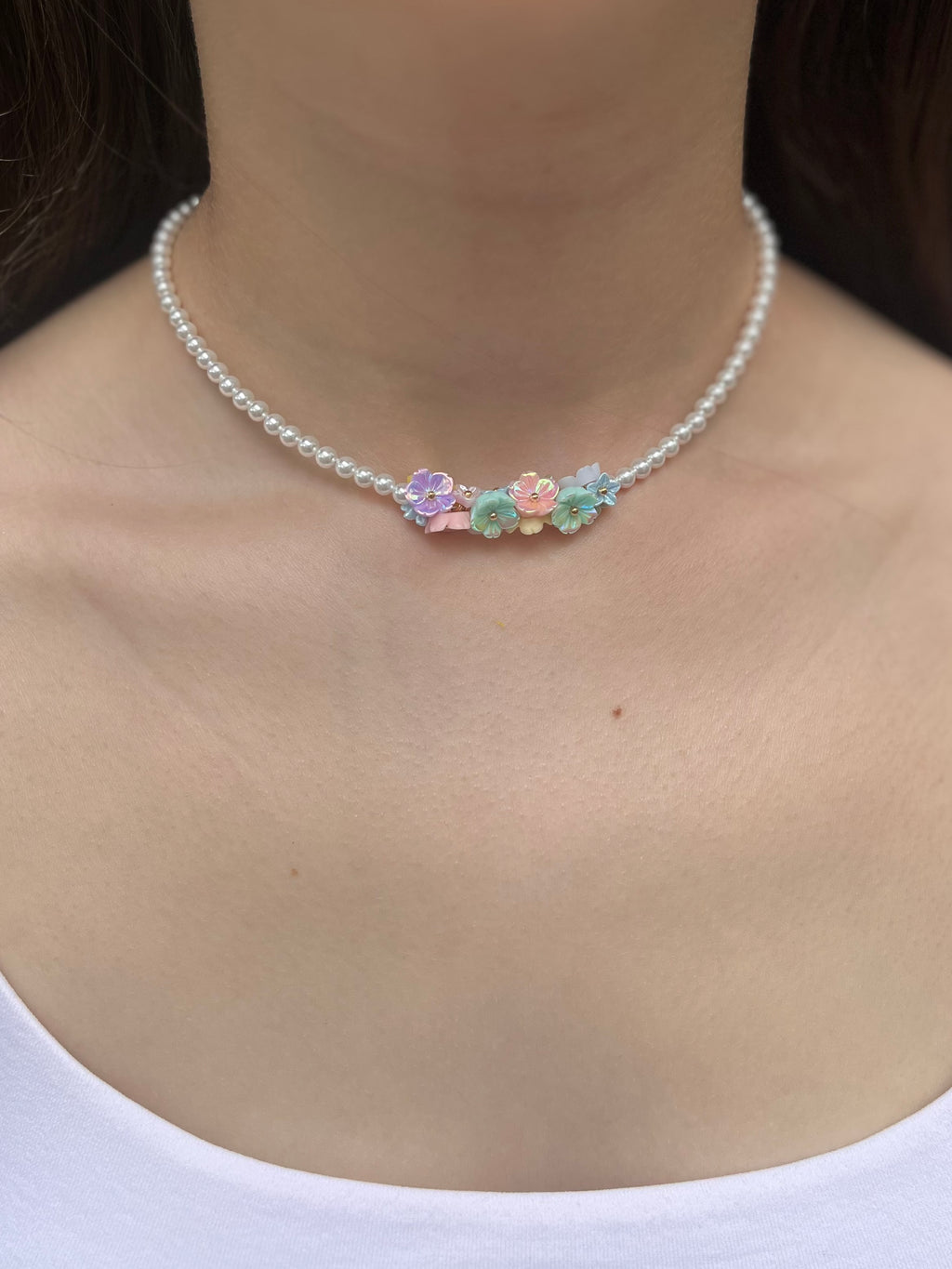 Pearl Flowers Choker Necklace with earrings : 18K Gold Plated