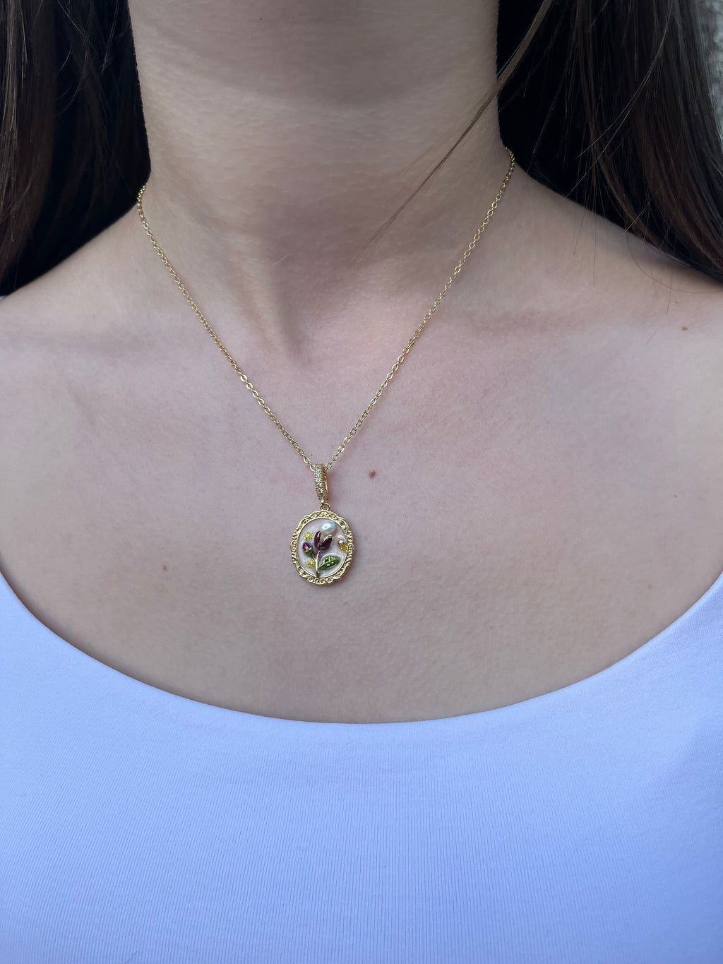 18K Gold Flower Enamel Pearl Pendant Necklace