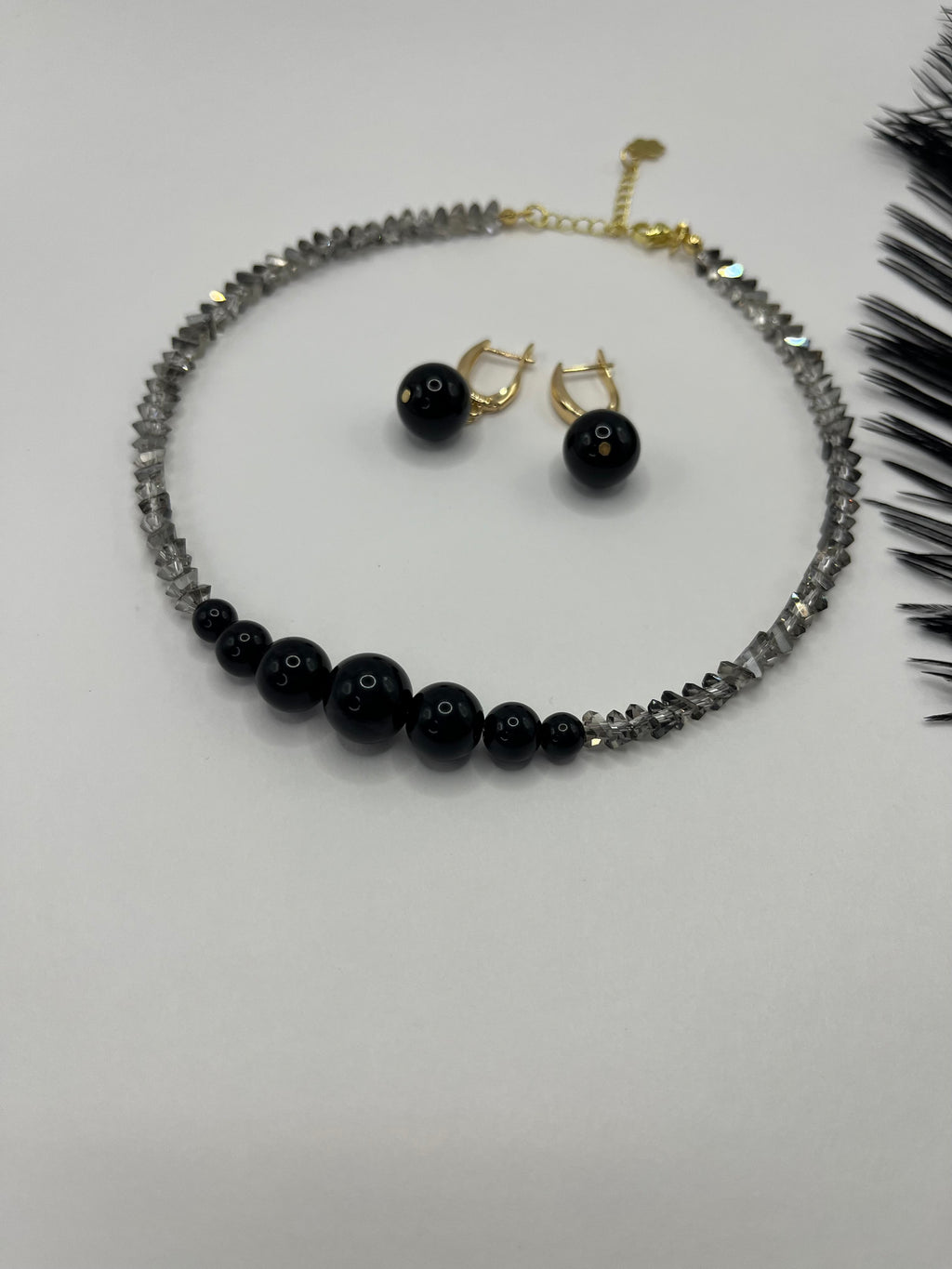 Set: Black Crystal Choker Necklace with onyx and Earrings