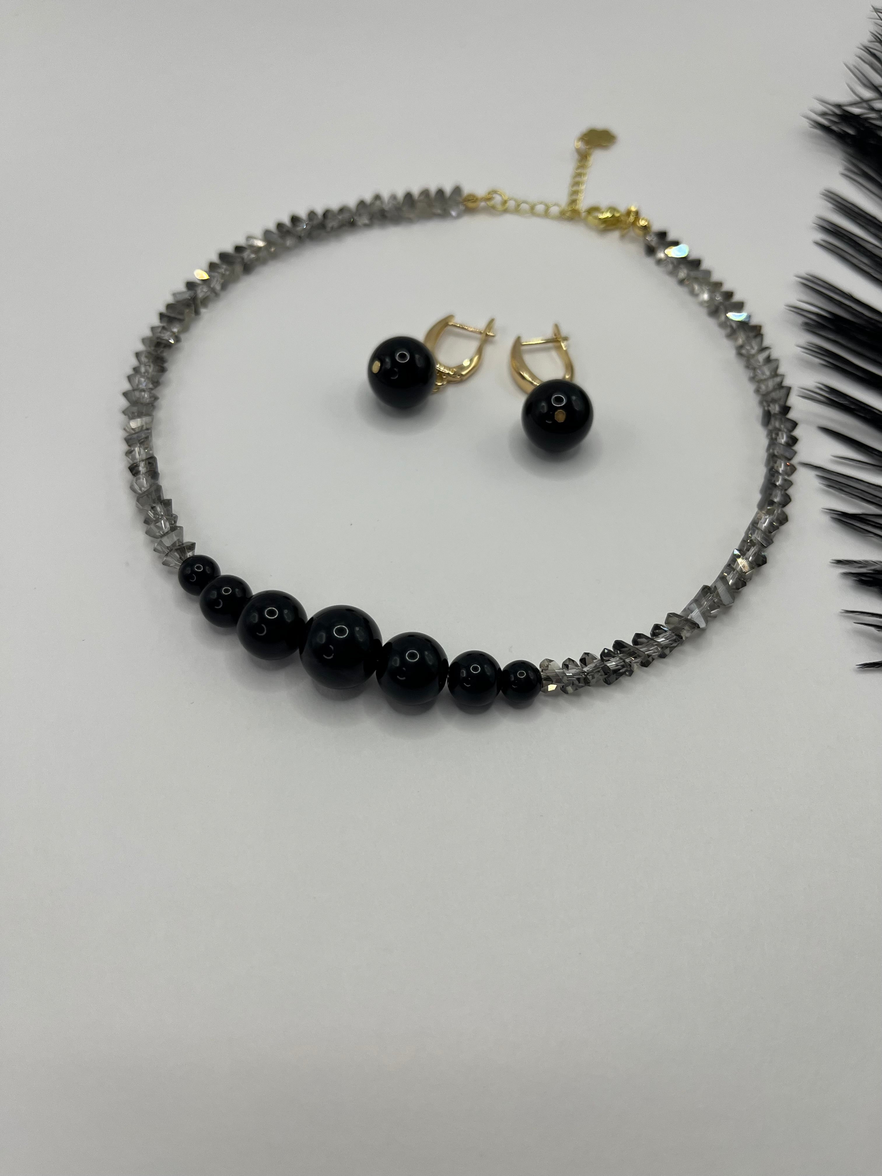 Set: Black Crystal Choker Necklace with onyx and Earrings