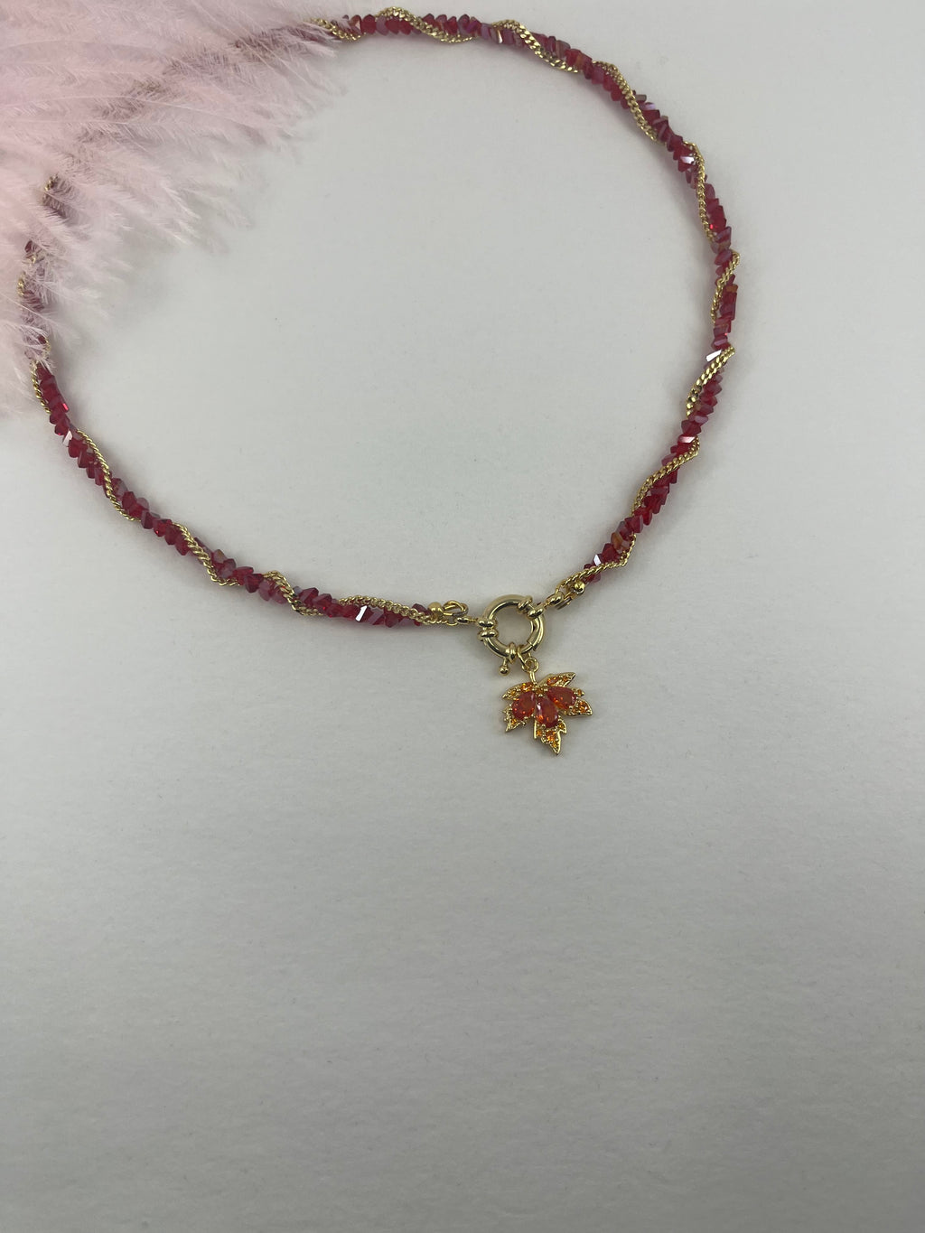 Crystal Red Necklace: 18K Gold Pendant Maple Leaf