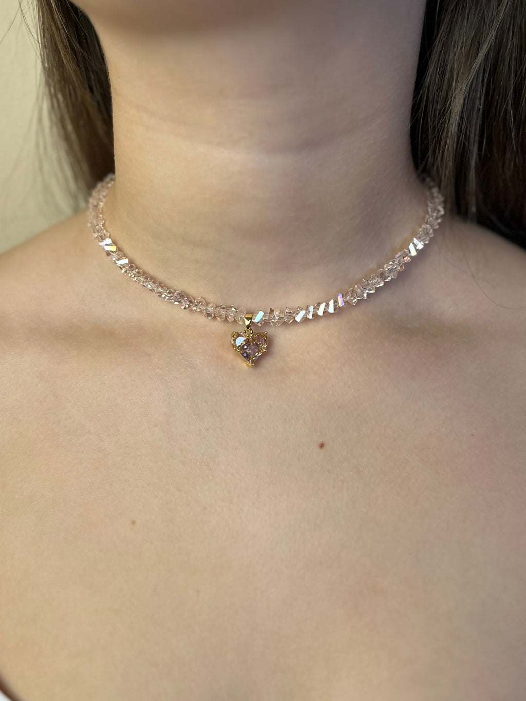 Set: Heart Pink Crystal Choker Necklace and Earrings – 18K Gold Plated, Cubic Zirconia, Nickel Free