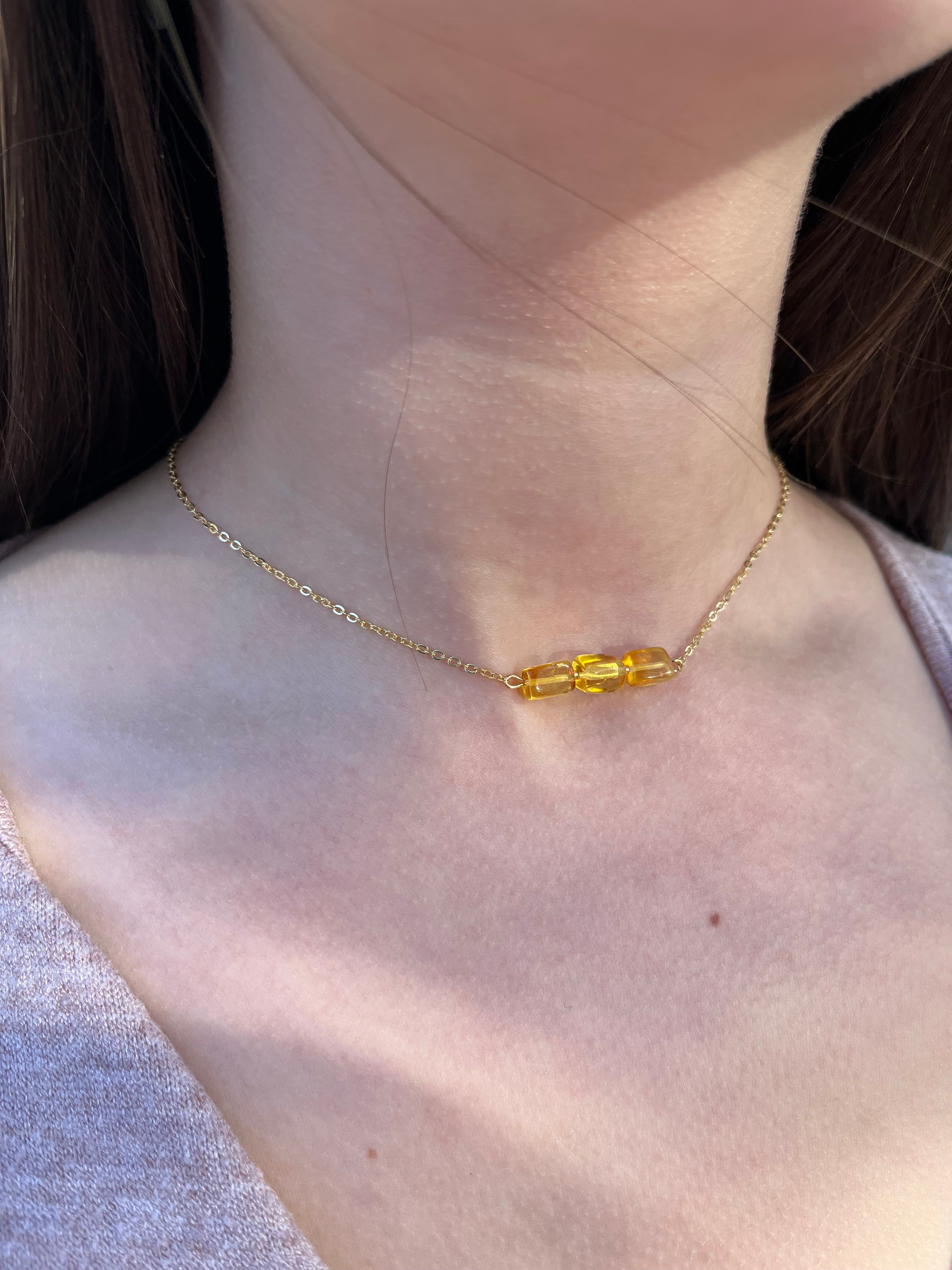 Natural Amber Necklace, chain 18k plated